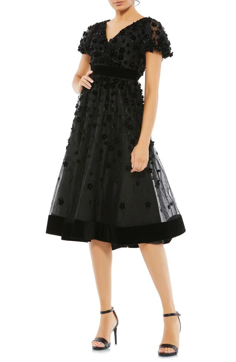 Mac Duggal Black Floral Appliqué Cocktail Midi Dress Size 12 $498
