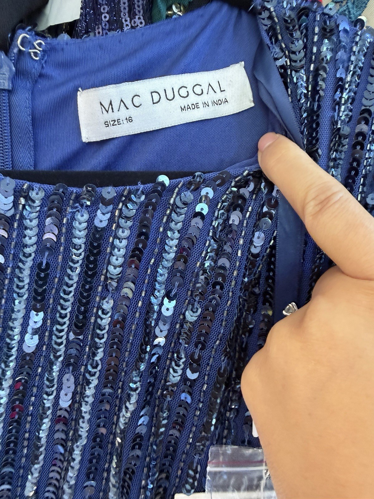 Mac Duggal 23003 Midnight Blue Sequined Tiered Midi Dress Long Sleeve Sz 16 $698