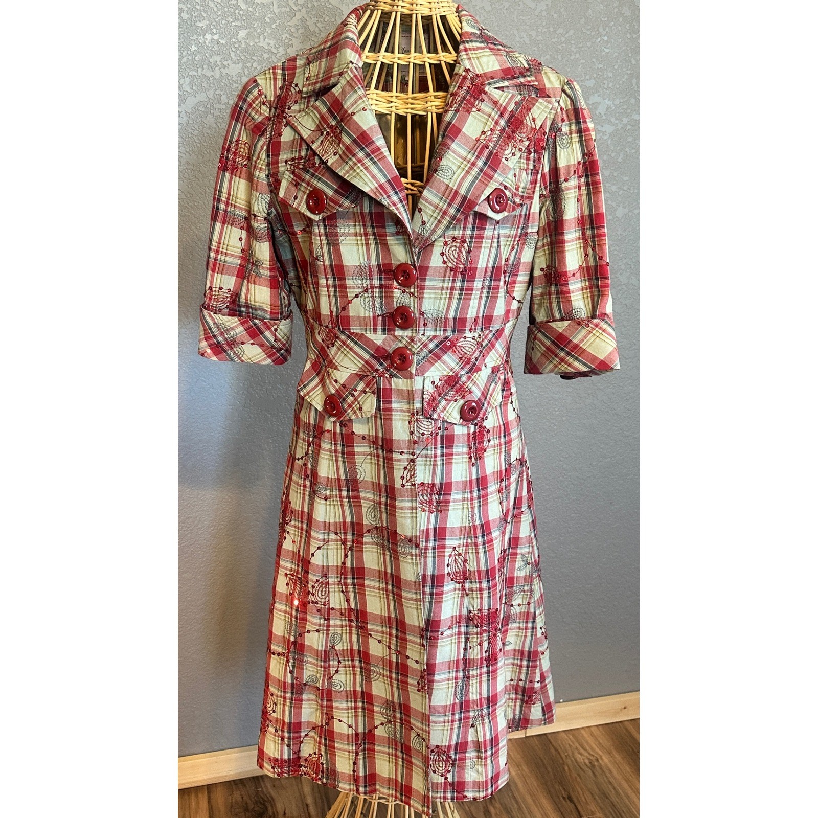 Young Essence Women S Plaid Sequin Embroidered Button Front Coat Dress 50’s 60’s