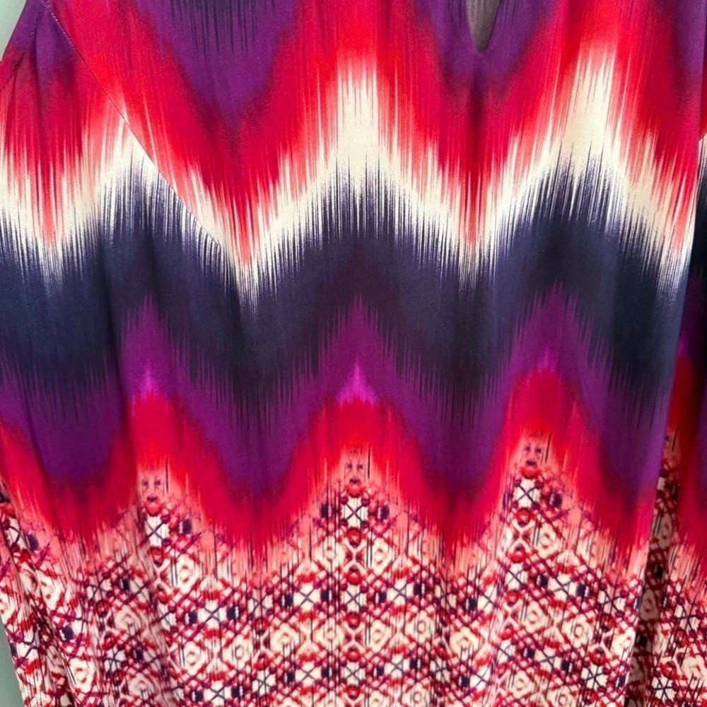 Catherines maxi dress vibrant pattern. Missing some beads around neckline