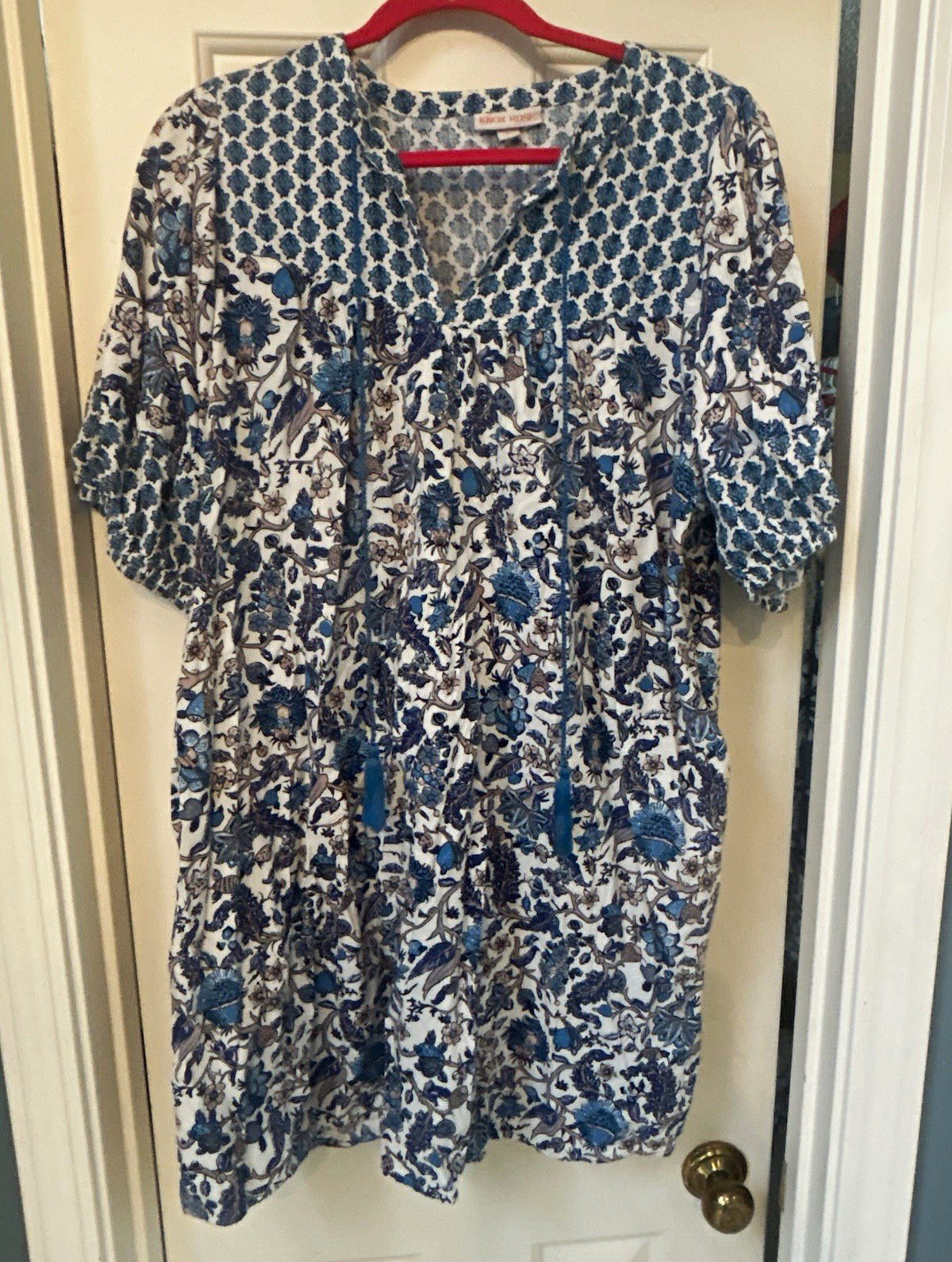 Knox Rose Blue White Floral V-Neck 3/4 Puff Sleeve Shift Dress Tie Tassel – XL