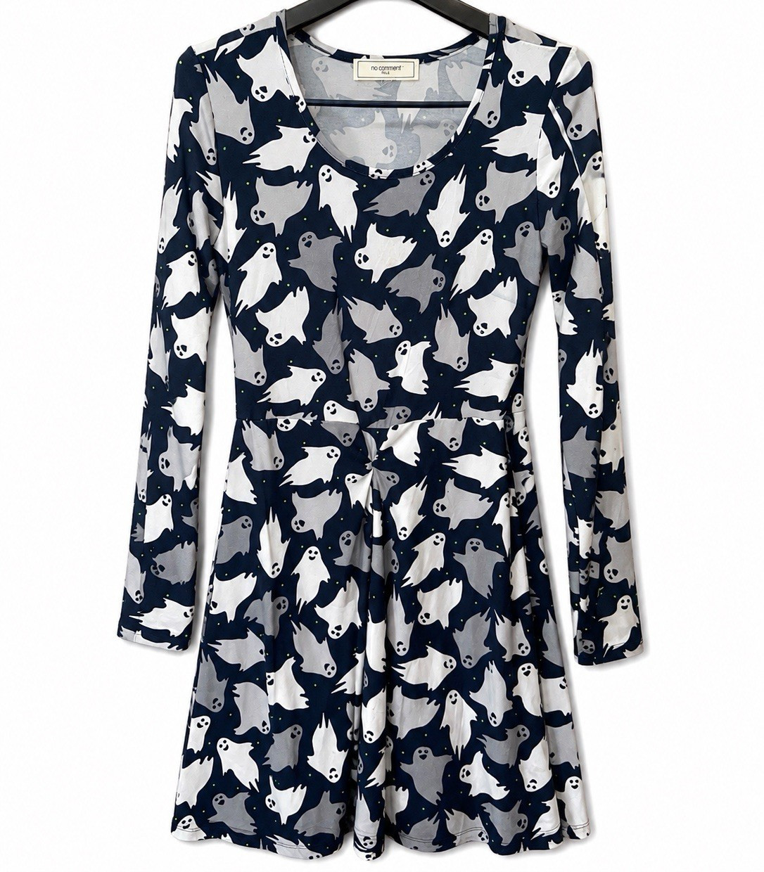 No Comment Women’s S Navy White Gray Ghost Print V-Neck Long Sleeve Short Dress