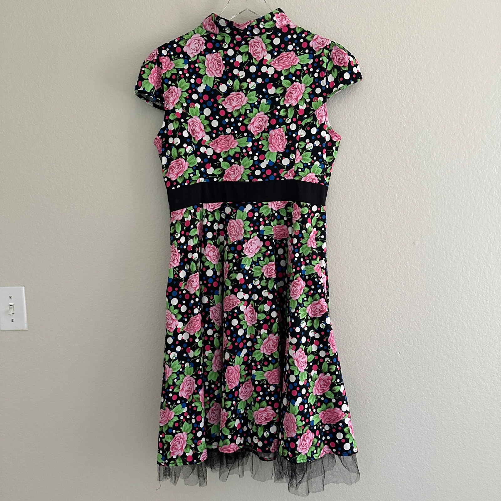 Hearts & Roses Fit & Flare Dress Size 12 Black Floral Polka Dot Rockabilly Tulle