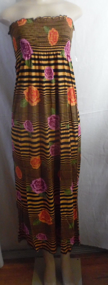 GOLD BLACK ROSES PINK LILAC etc ELASTIC TOP LONG STRAPLESS DRESS RAYON 1X