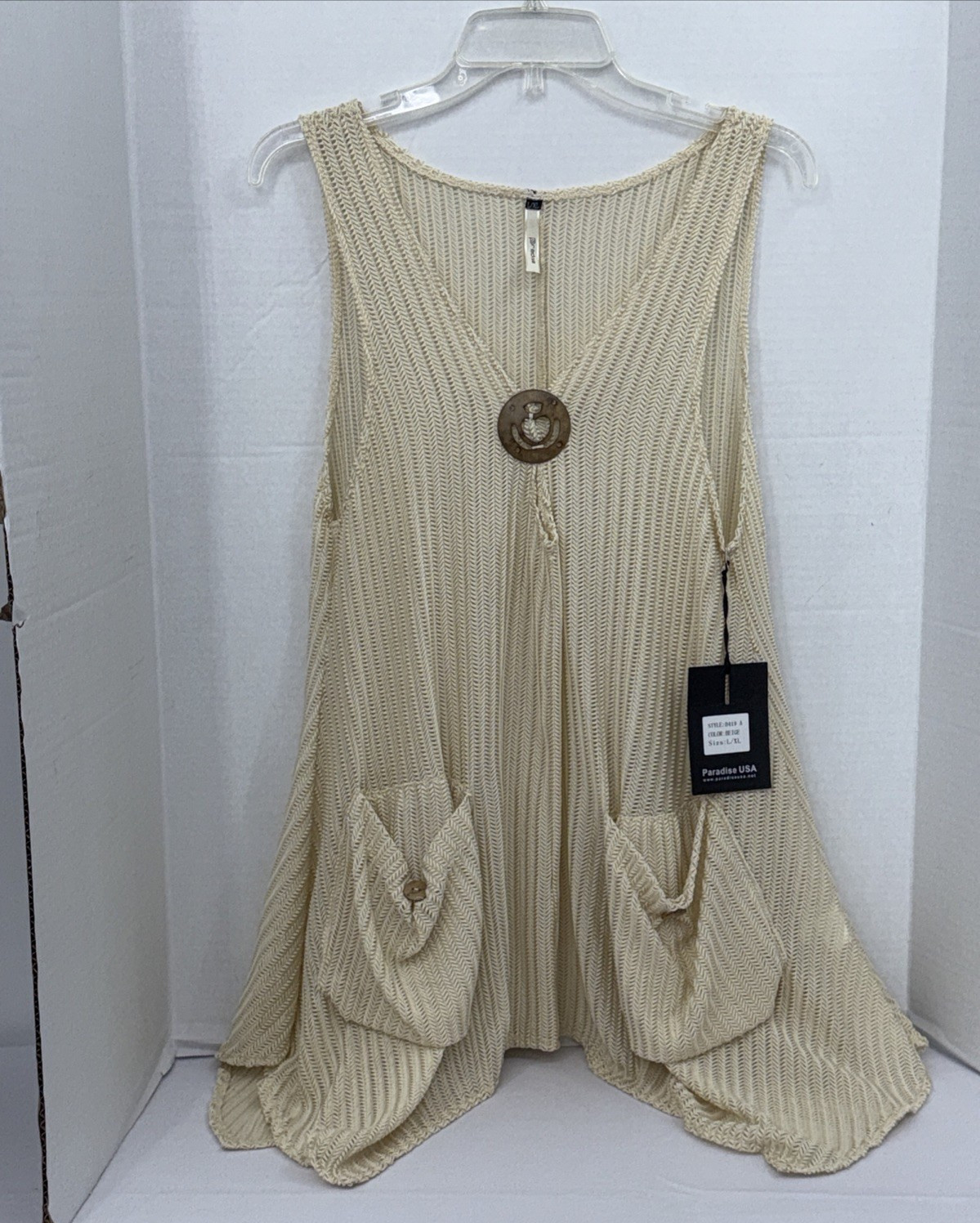Women Ivory Crochet Tank Swim Cover Up Pockets Lagenlook Beach L/XL Summer Boho