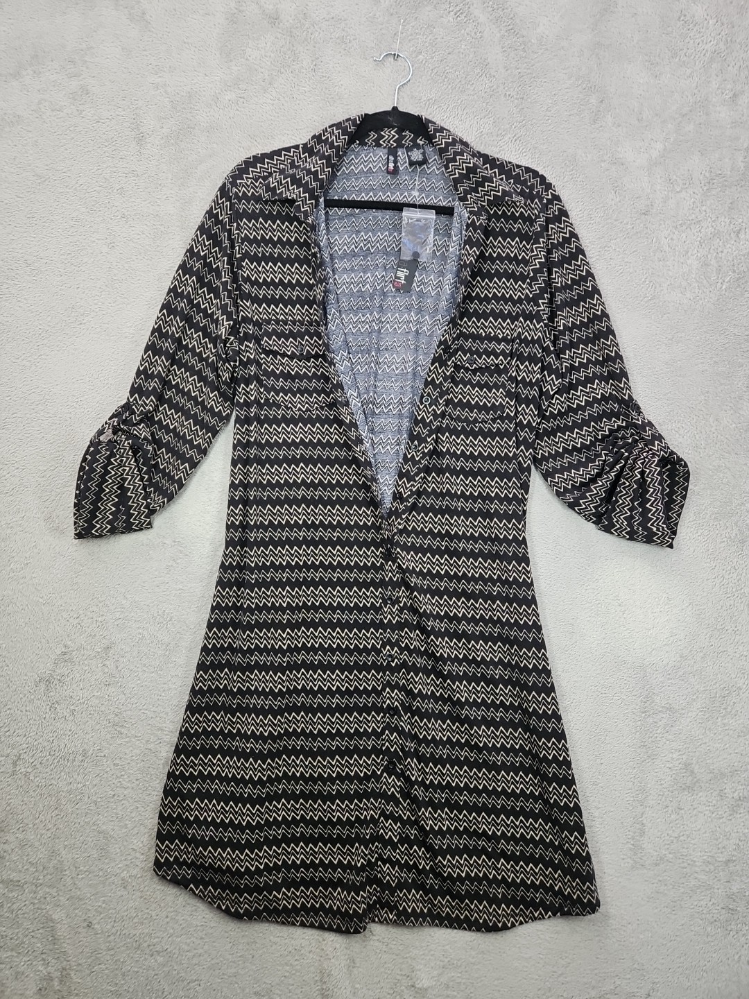 Ultra Flirt Plus Dress Long Roll Tab Slv Black w Beige Zigzag Design Sz 1X NWT
