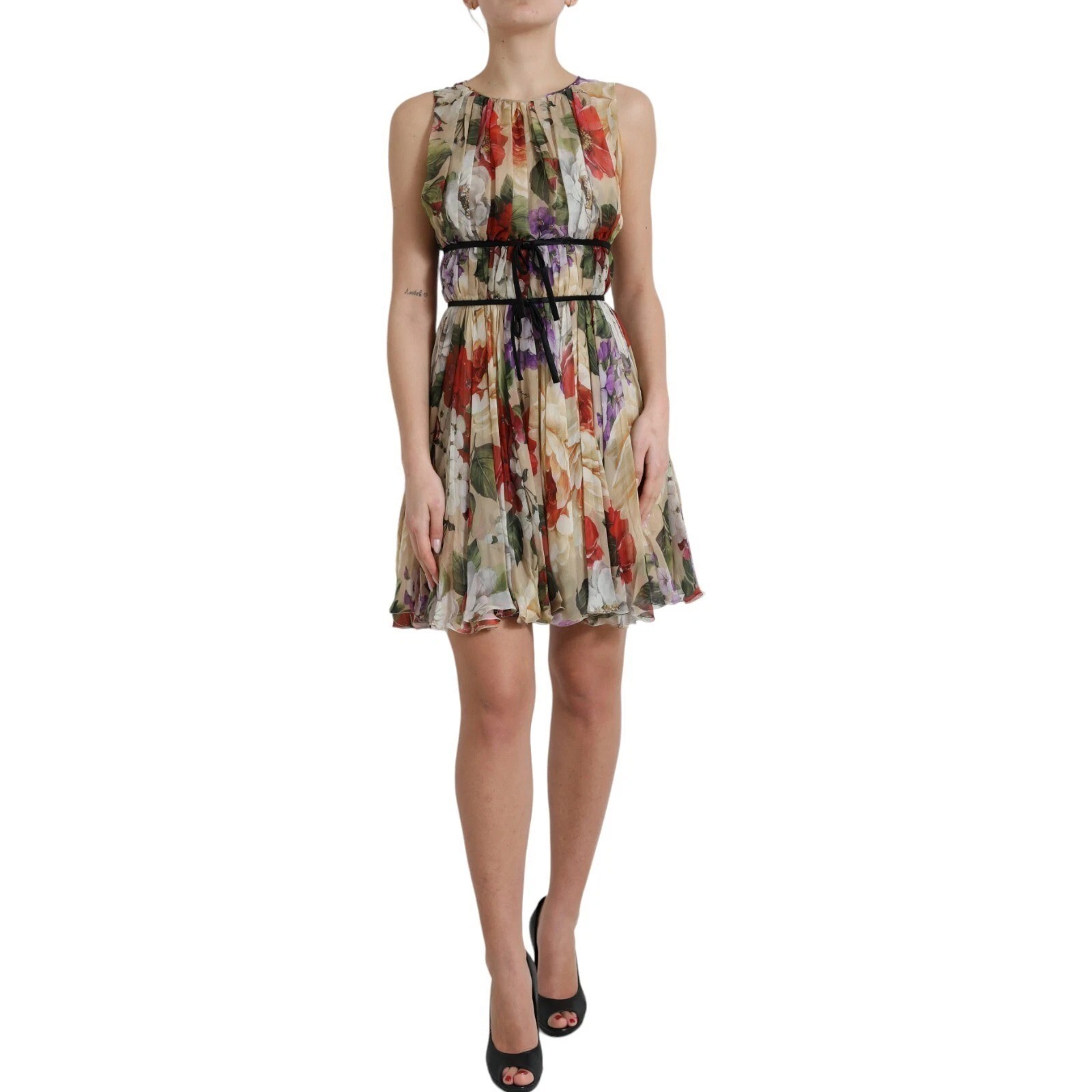 DOLCE & GABBANA Dress Beige Floral Sleeveless Round Neck Mini IT46/US12/XL $2800
