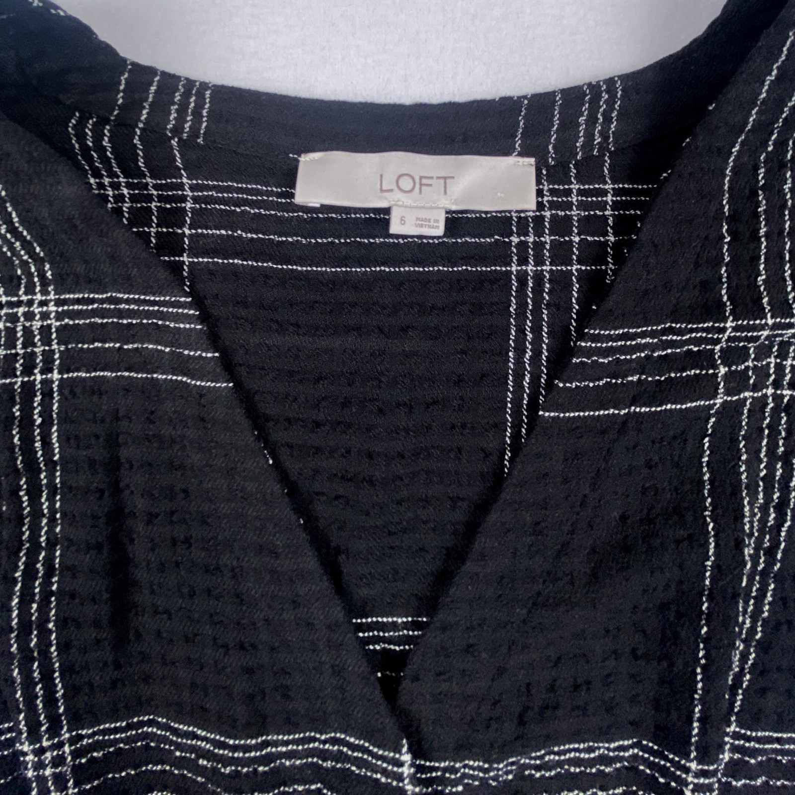 Loft Black White Plaid Button Front Midi Dress Short Sleeve Tie Waist Size 6
