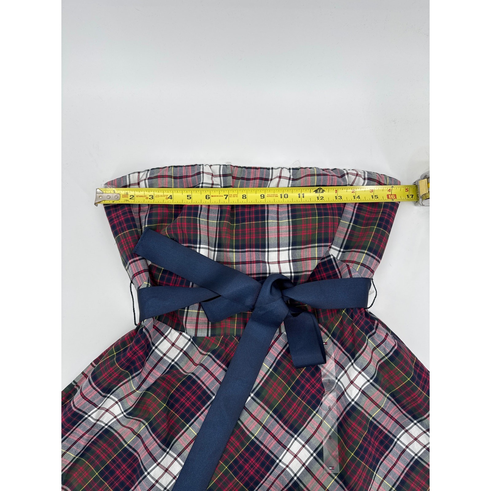 Tommy Hilfiger Strapless Plaid A Line Dress Navy Bow Detail Size 8 Nwt