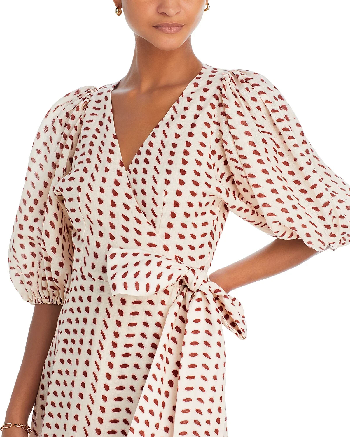 $495 Juan De Dios Ermita Wrap Puff Sleeve Dress Ivory Wine Seeds Women’s US 4