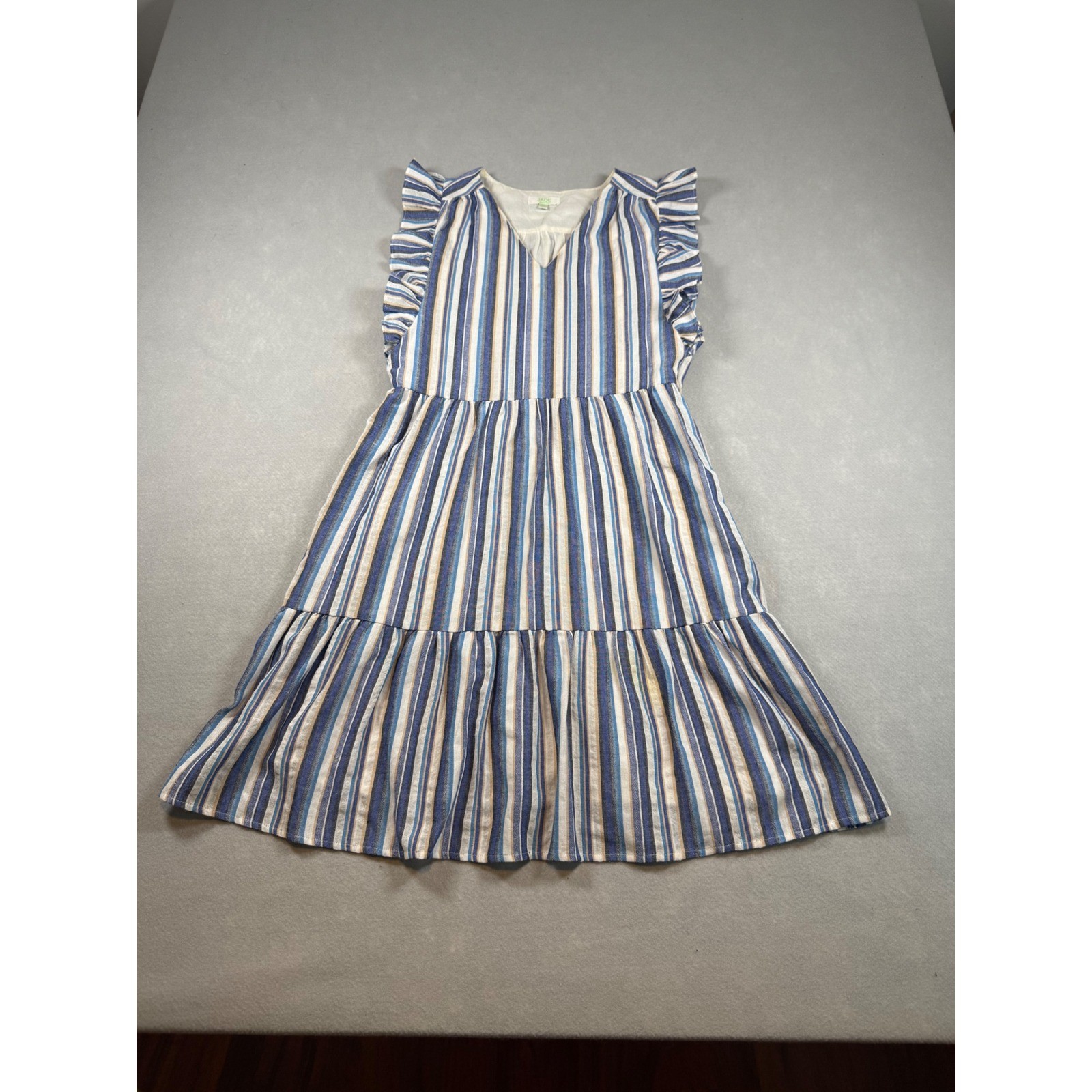 Jade Melody Tam Blue Stripe Ruffle Tiered Midi Dress Womens XS V-Neck Sleeveless