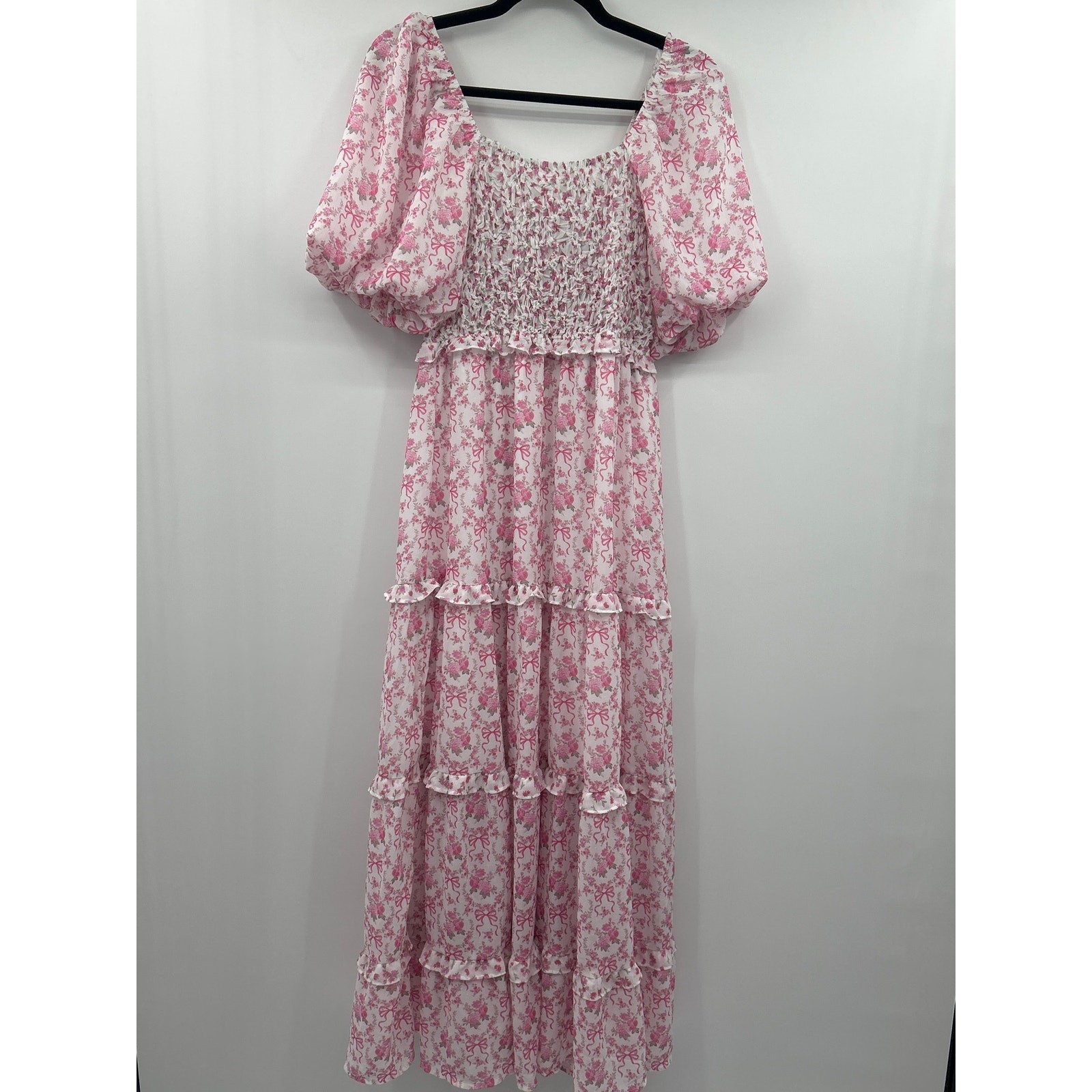 Peach Love California M Cottagecore Coquette Pink Floral Smocked Maxi Dress