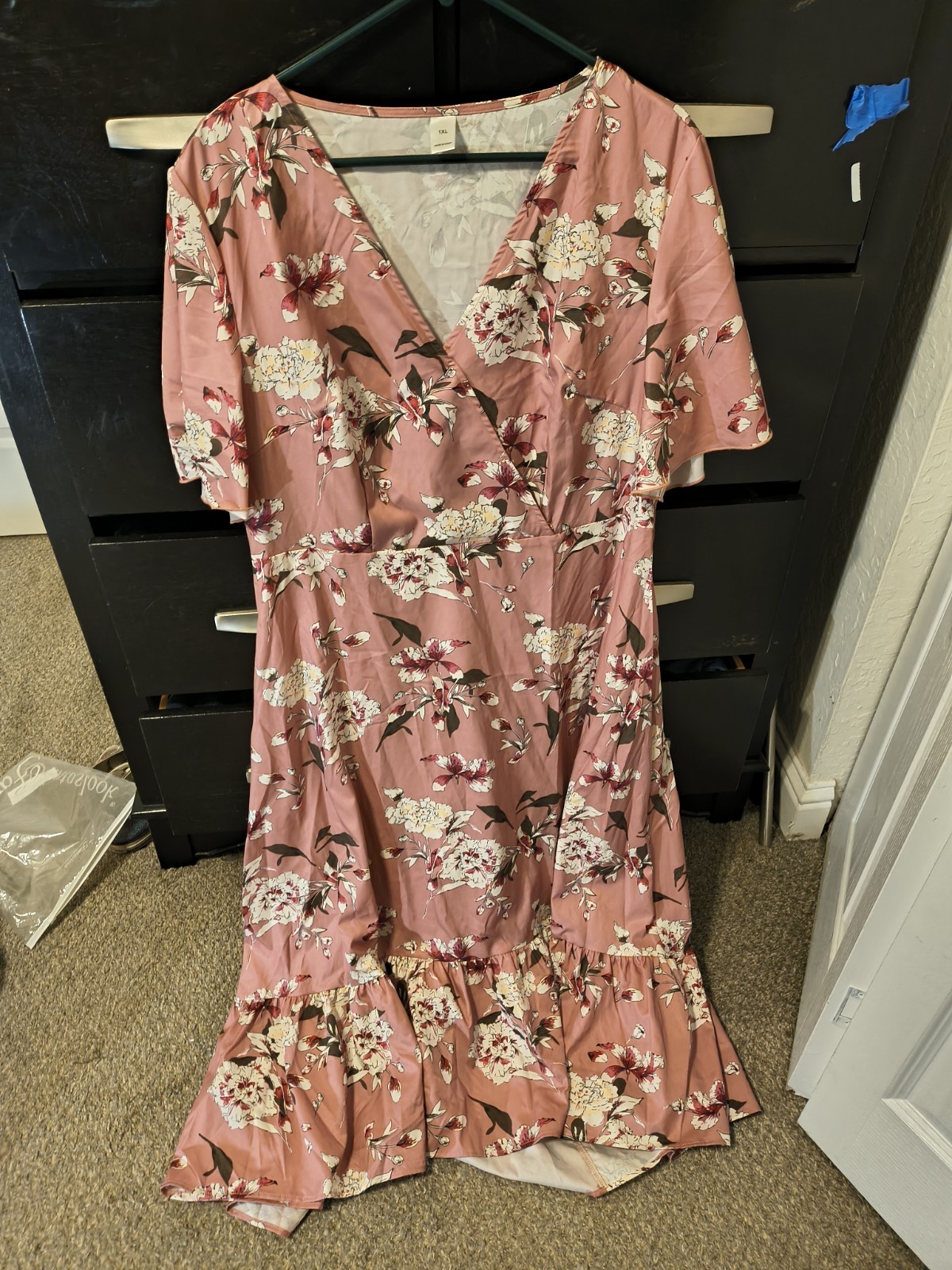 Pink Floral Dress, Flutter Sleeves, Low V Cut Neckline, XL