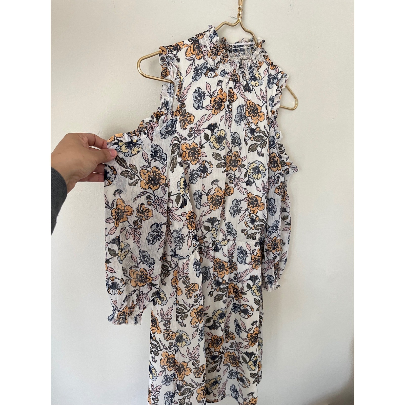 Eyeshadow Floral Cold Shoulder Mini Dress White Orange Blue Mock Neck Large