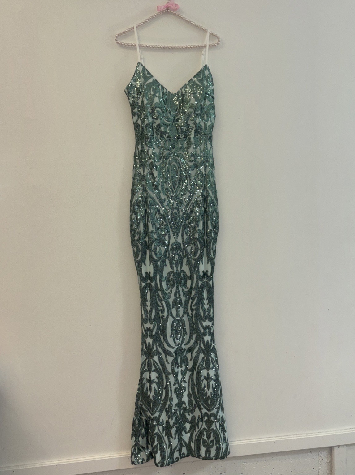Miss Ord Womens Evening Dress Sparkle Glam Long Maxi Sz M Sequins flowy Green