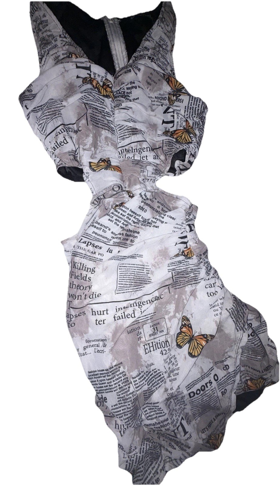 Capsulle Newsprint Butterfly Bodycon Dress Small 3-Zip Y2K Cut Out Mini Lined