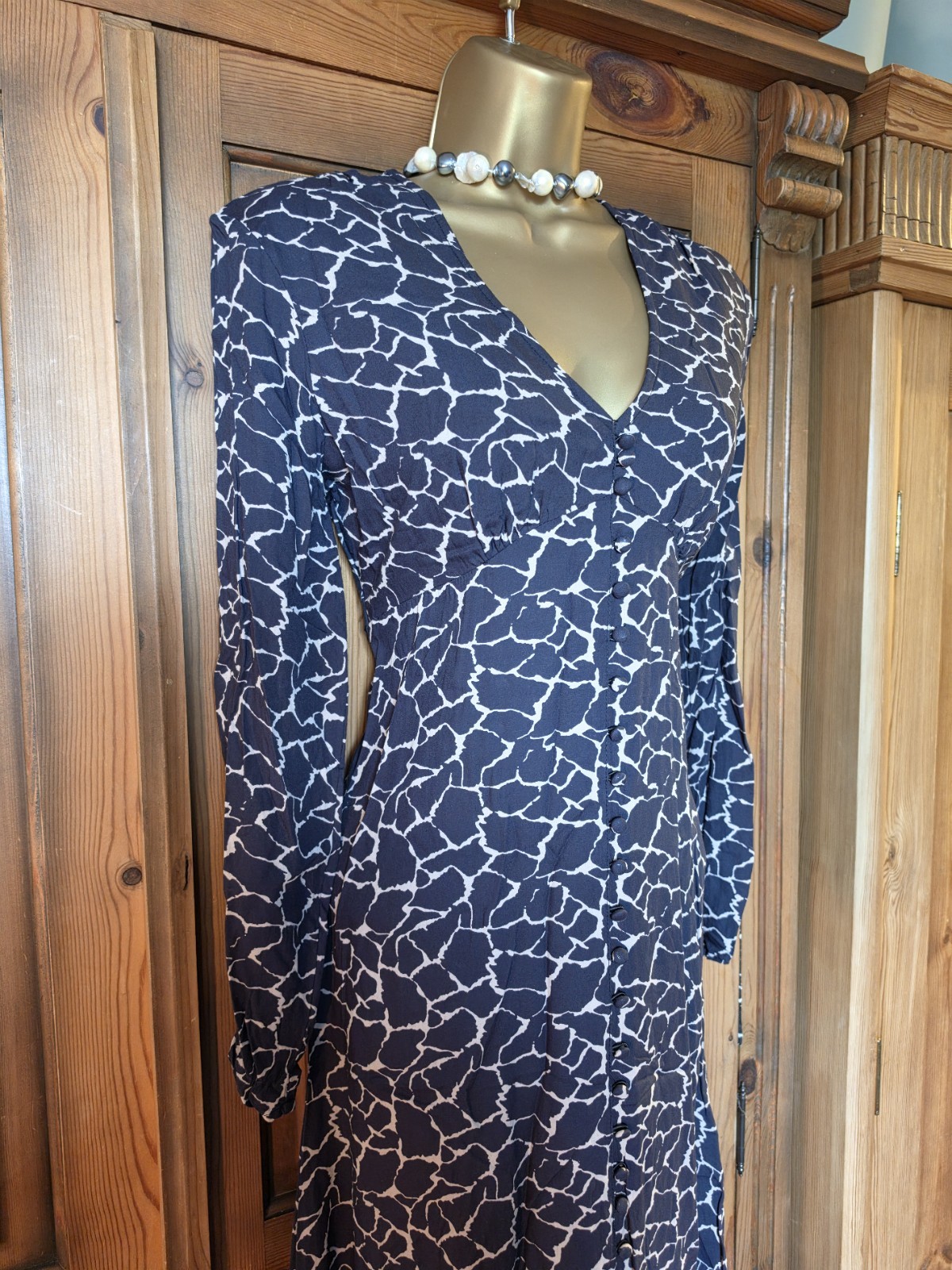 Smart Aspiga Black And Beige Patterned Midi Dress Size XS 8