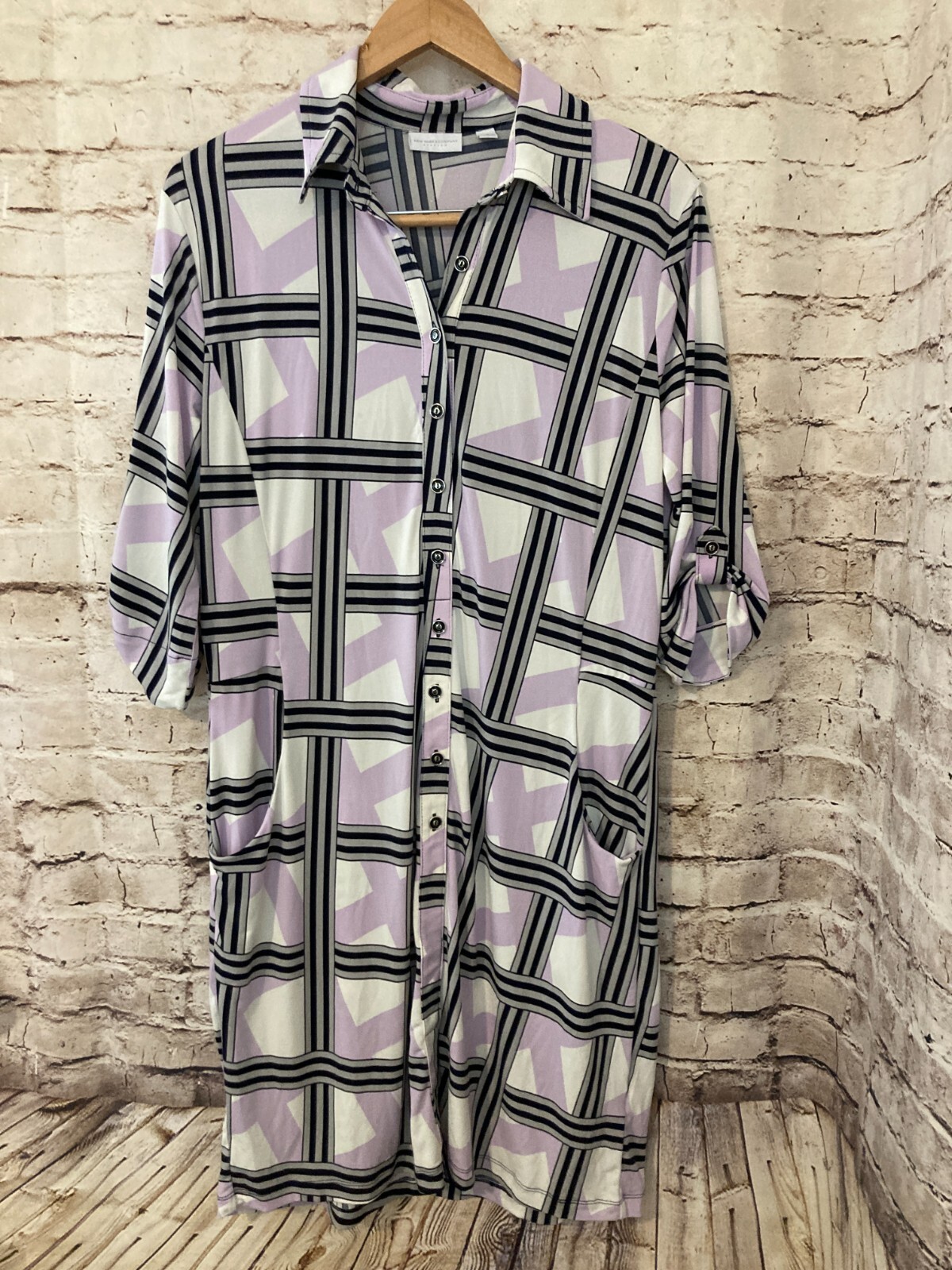 NY & Co. Shirt Dress Womens Large Pale Purple Midi Plaid Pockets Button Front
