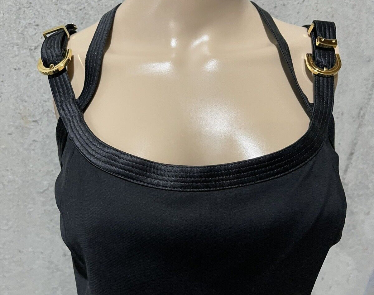 Versace Medusa Gold Logo Button Strappy Lace Side Black CocktaDress US 0 2 IT 36