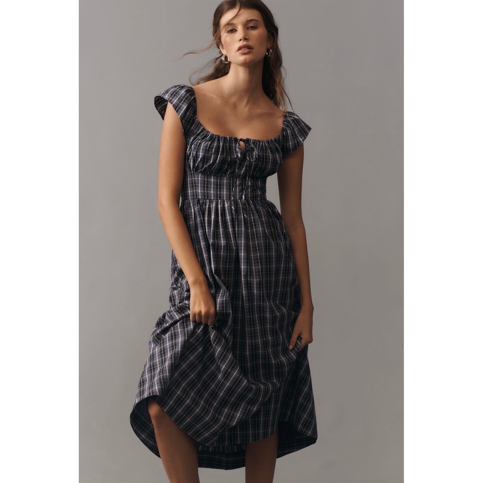 Anthropologie Plaid Ruffle Sleeve Smocked Midi Dress Blue White Size M NWT