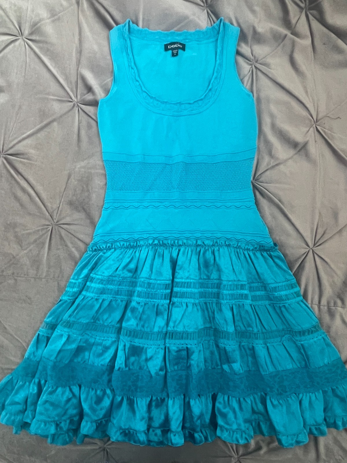 Bebe Teal Tank Dress M Mesh Diamond Waist Tiered Ruffle Skirt Fit & Flare EUC