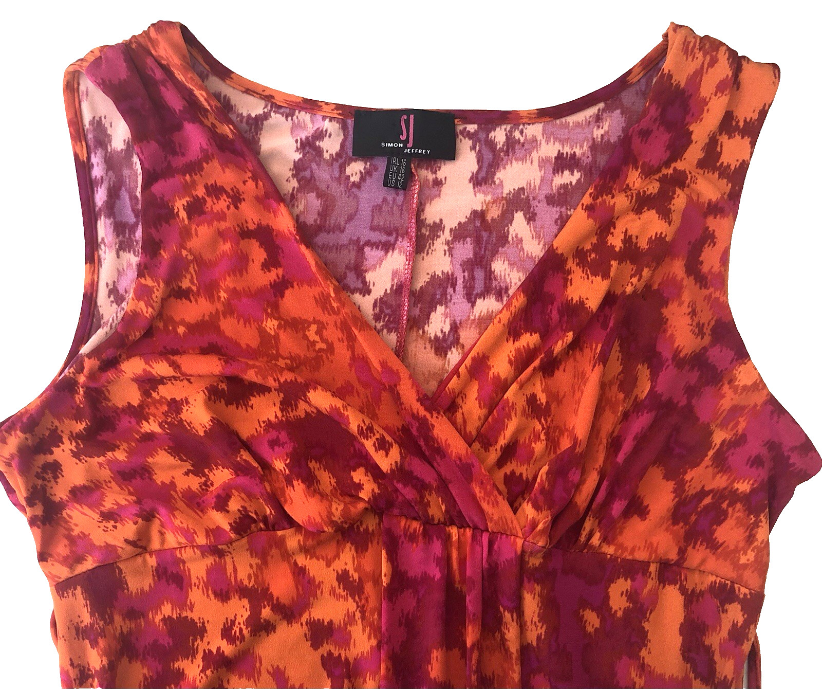 Simon Jeffrey Midi Dress Uk 16 Vibrant Orange & Pink Print Sleeveless High Waist