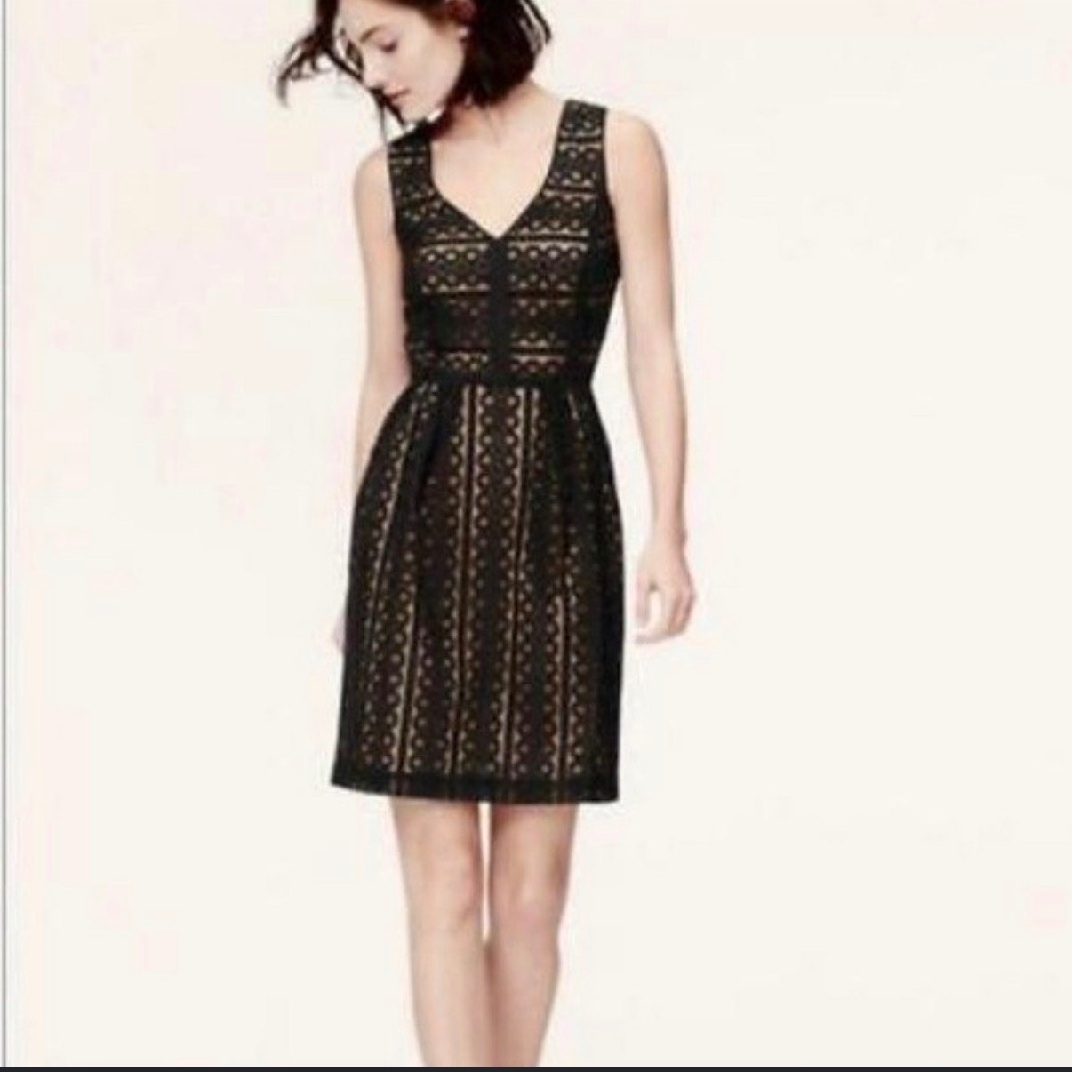 LOFT Black Eyelet Lace V-Neck Sleeveless Fit Flare Dress Nude Lining Womens 4