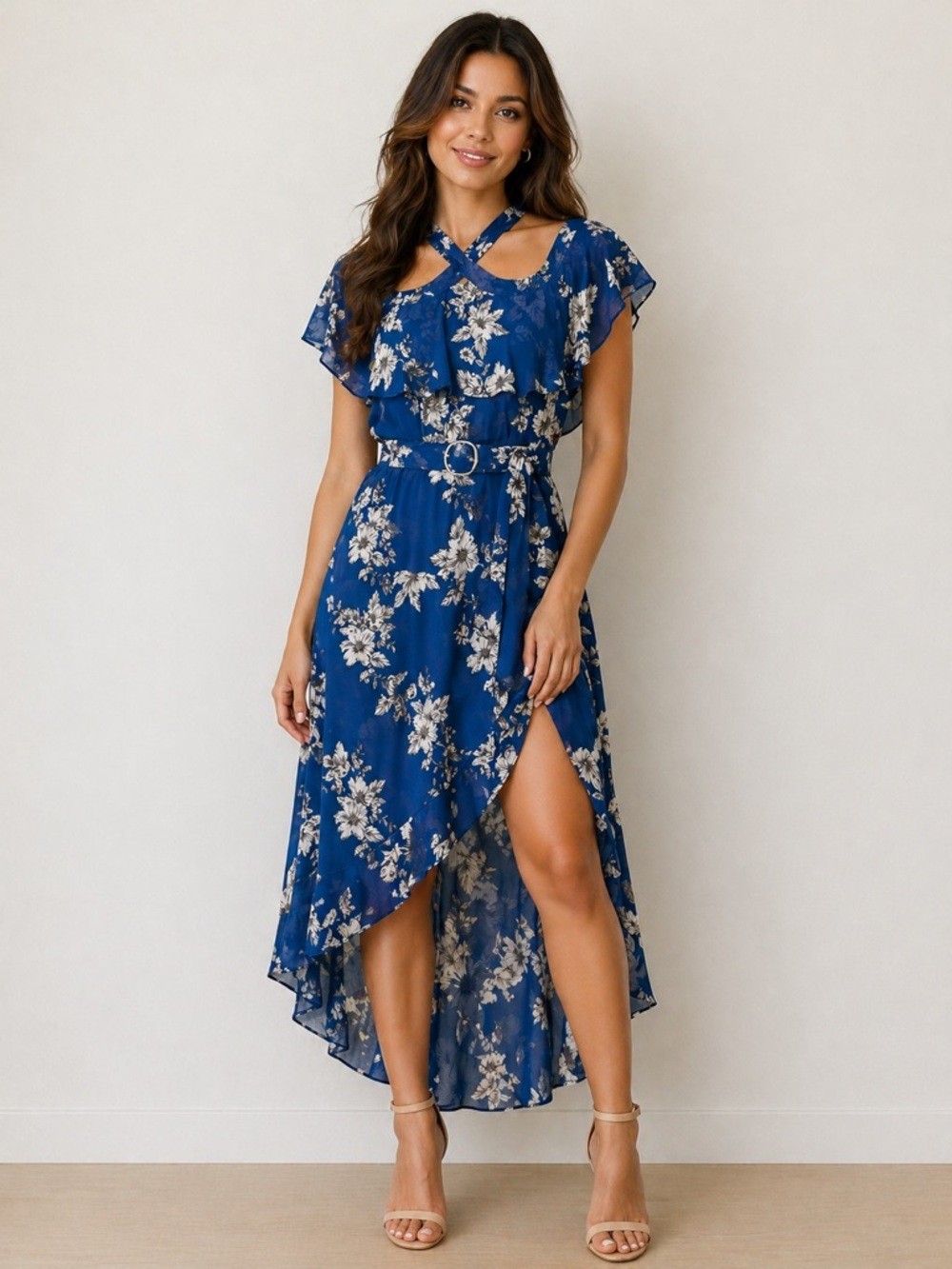 Current Air Royal Blue Floral High-Low Wrap Dress with Tie Waist