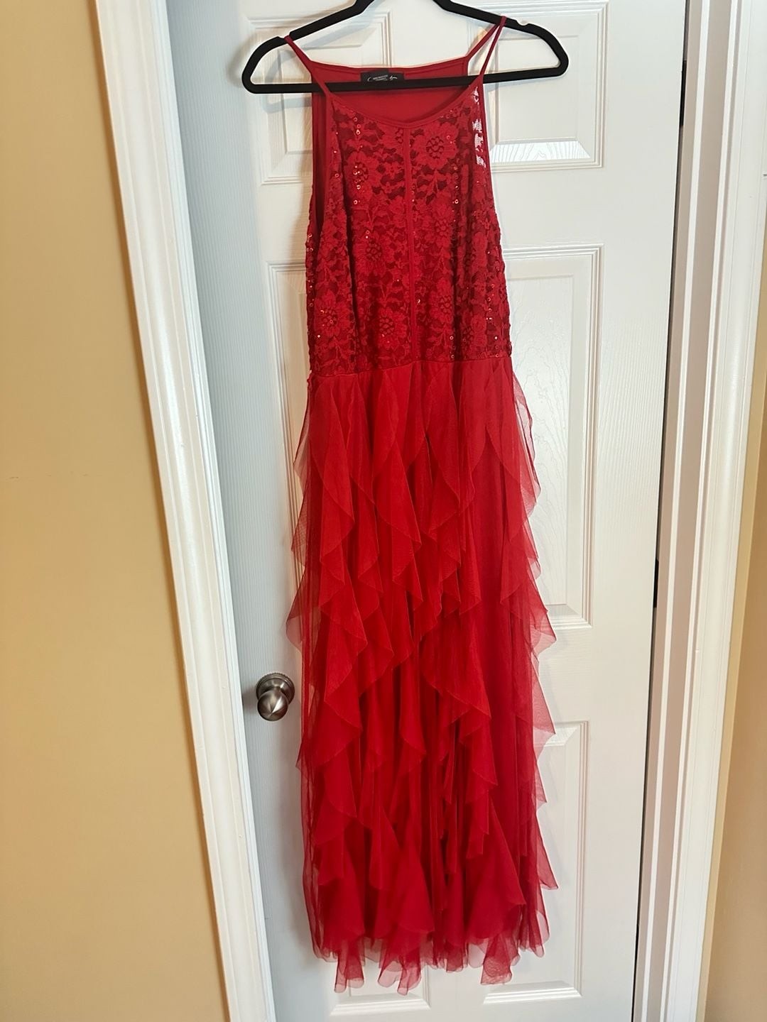 City Studios Red Lace and Tulle Ruffle Maxi Dress