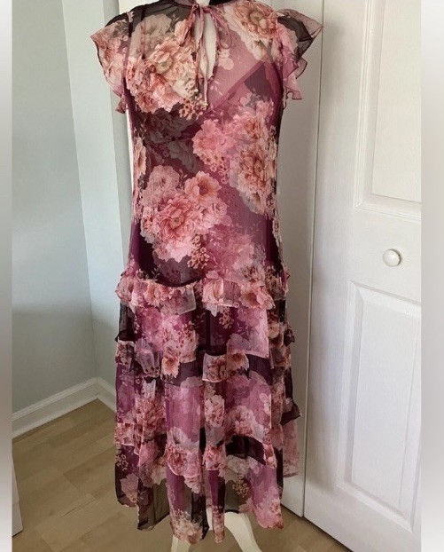 NWT JOHNNY WAS Carina Silk Floral Ruffle Midi Dress Retail $365. W/Slip X Small