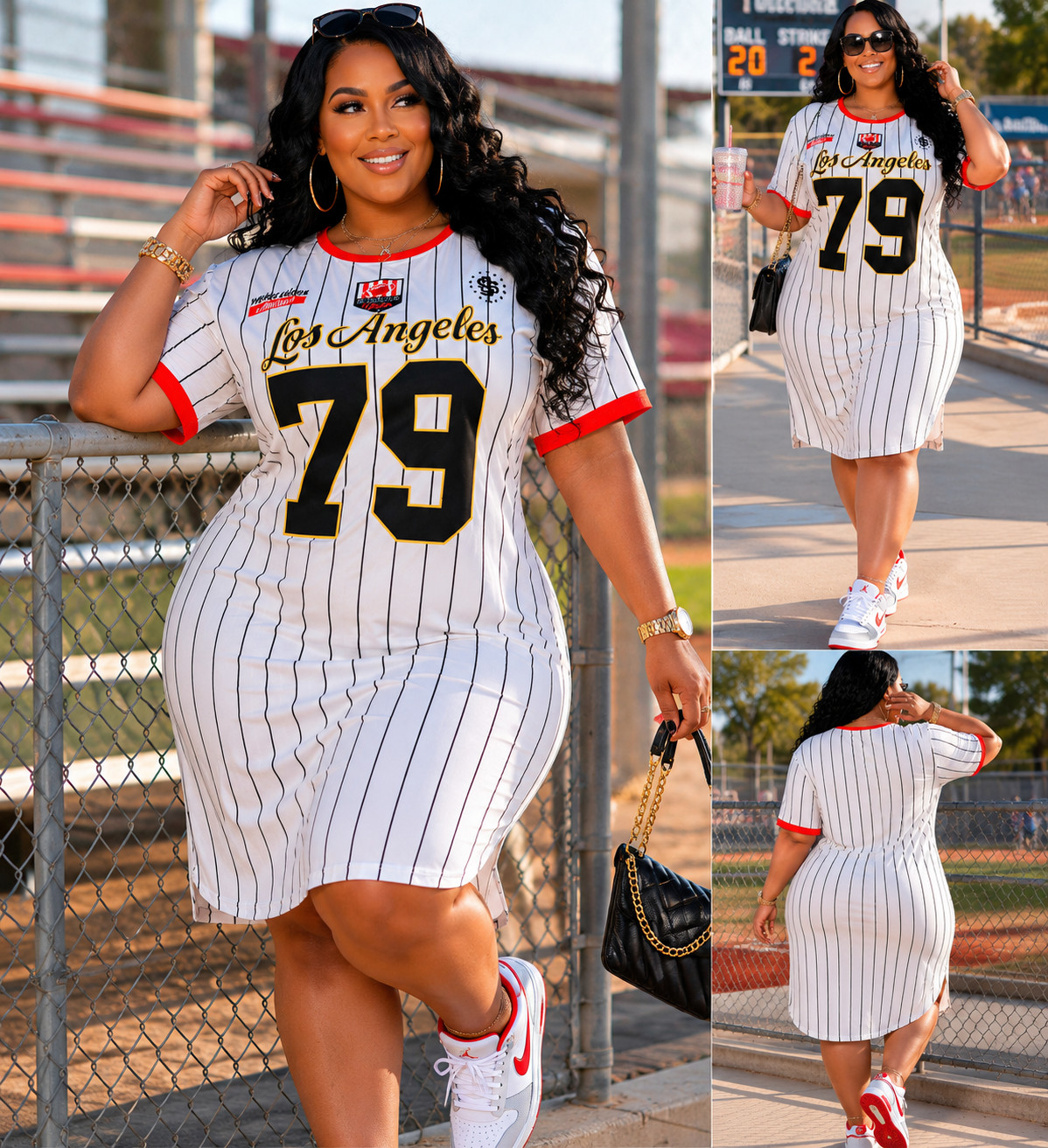SHEIN Curve 1XL Los Angeles 79 Jersey Dress White Pinstripe Sports Graphic Midi