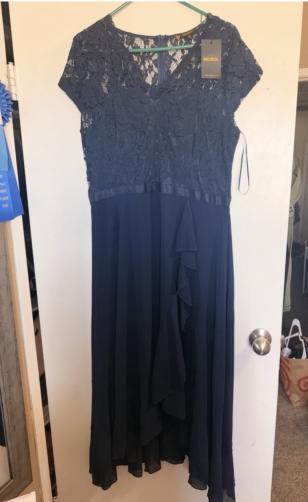 Miusol Navy Lace V-Neck Short Sleeve Long A-Line Formal Dress 3XL