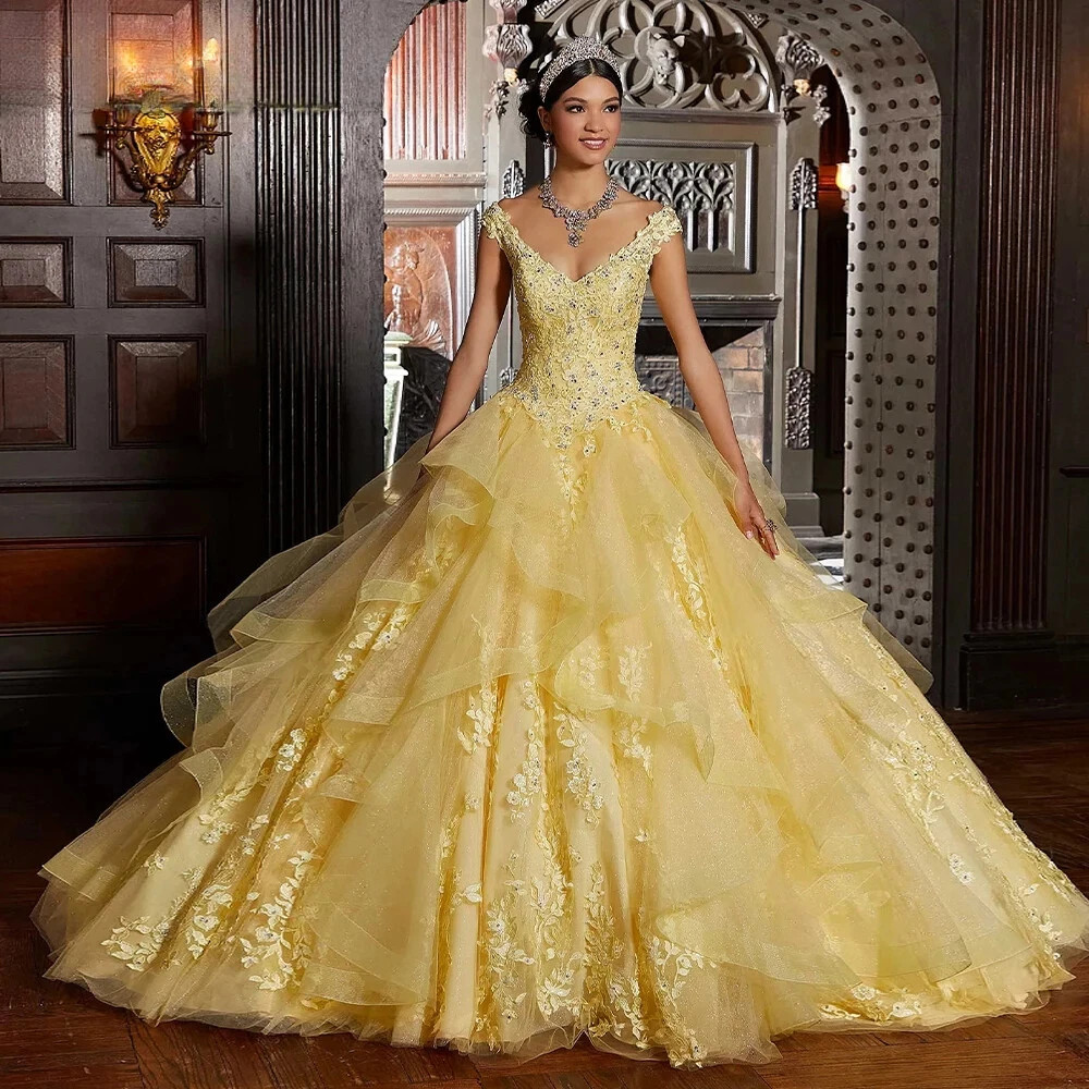 V Neck Yellow Sparkly Quinceanera Dress Ruffle Tulle Lace Sweet15 Ball Gown