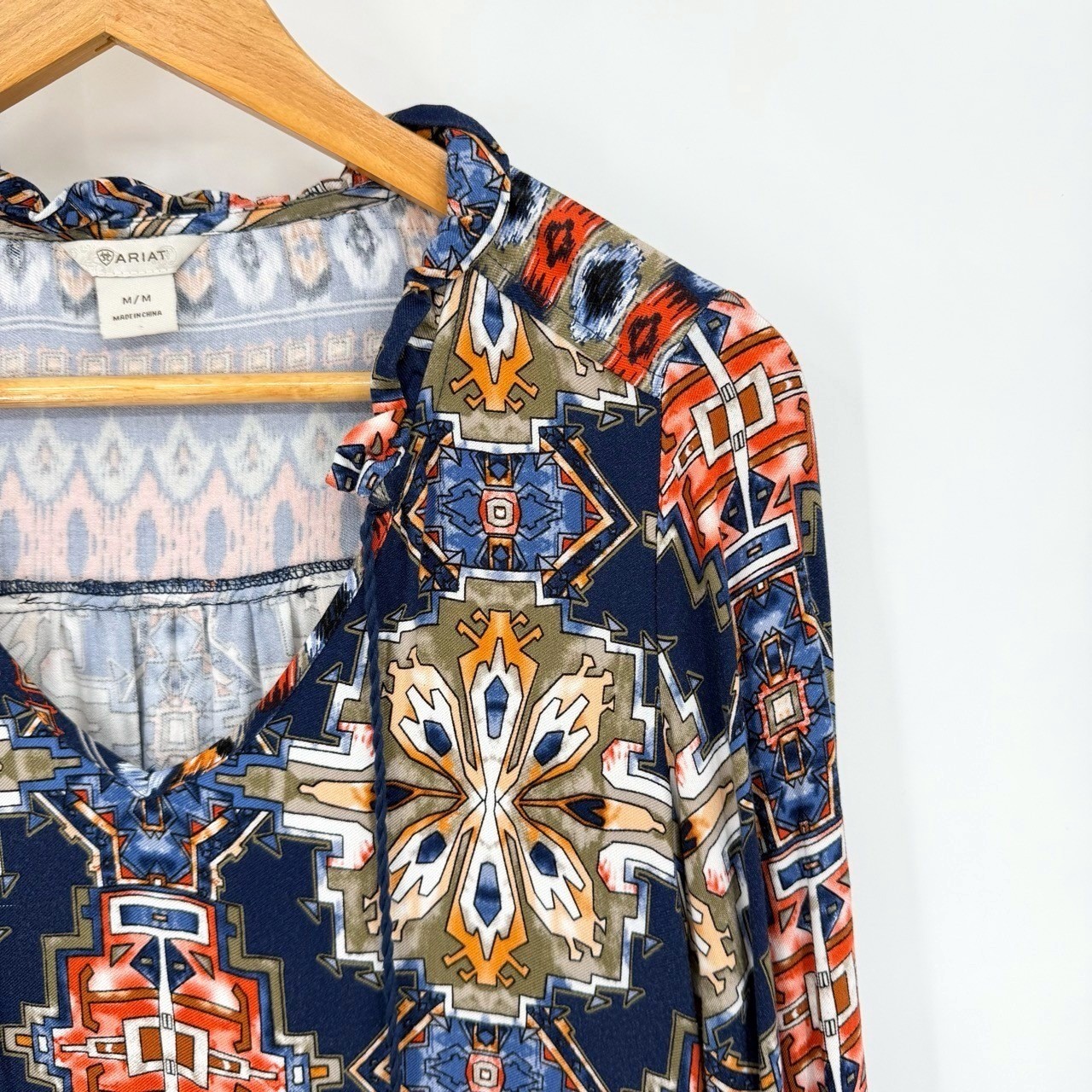 Ariat Womens Medium Dress Western Boho Tassel Tie V-Neck Long Bell Sleeve