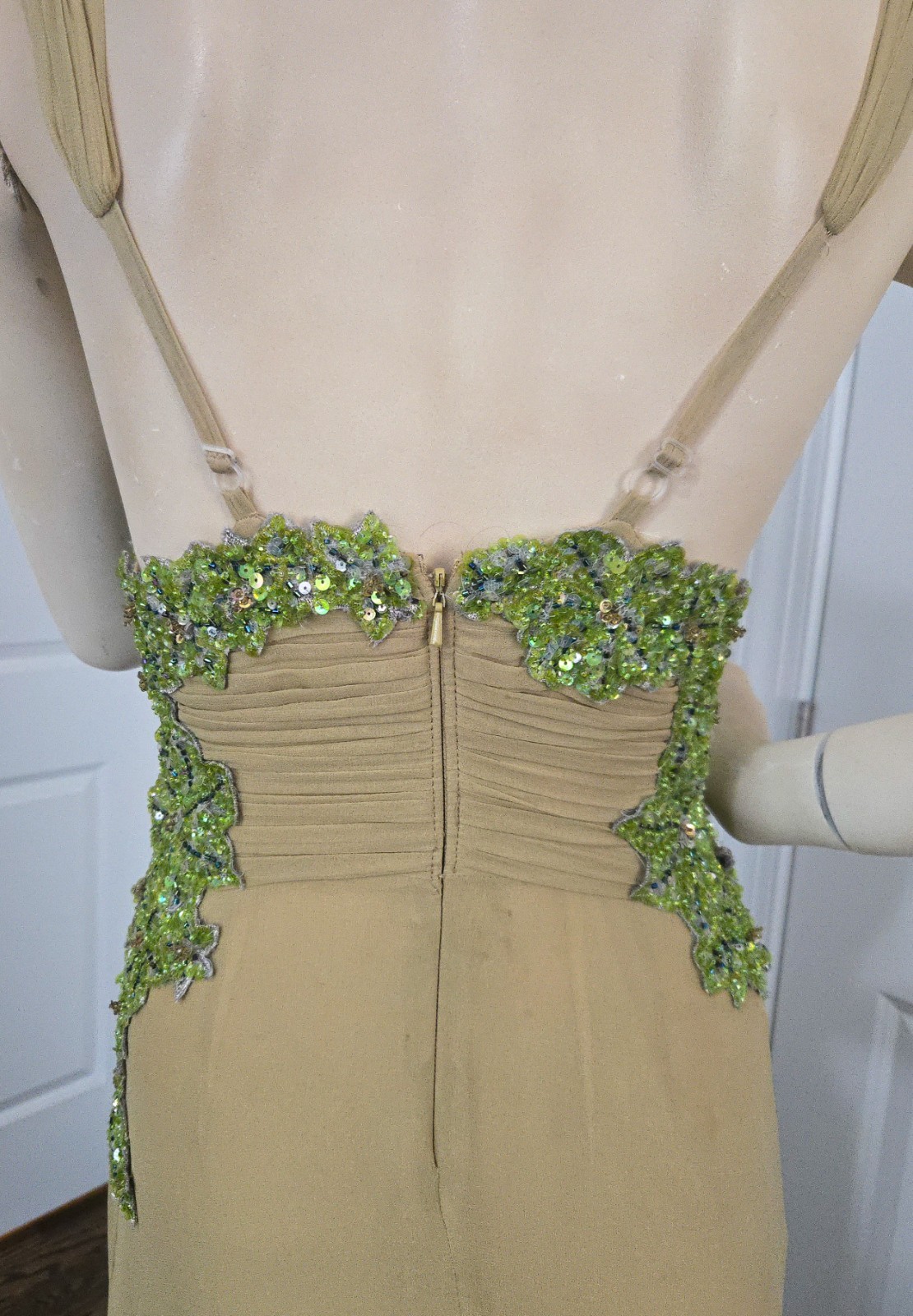 Vintage Mandalay Green Silk Beaded Sequin Y2K Plunging V Neck Evening Gown 6