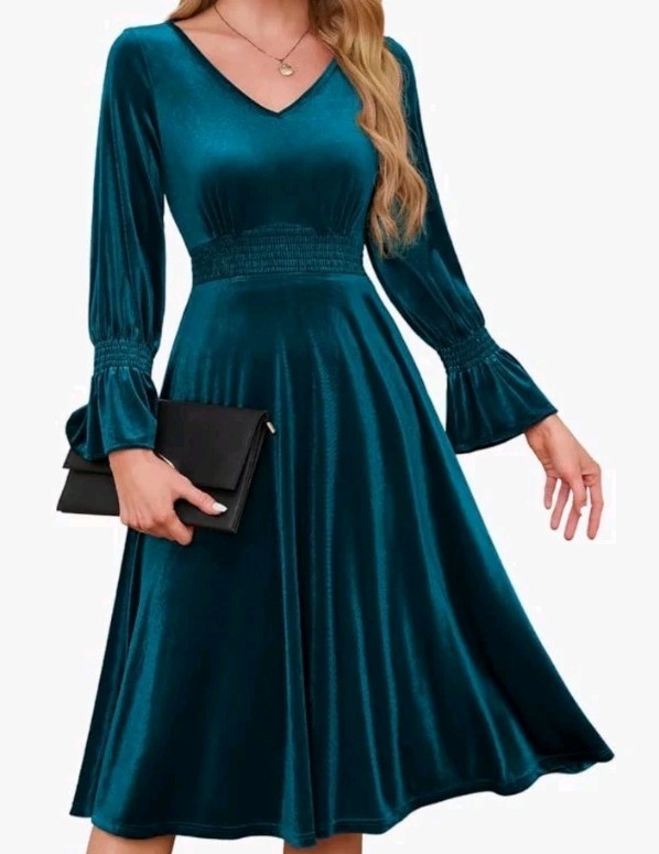 Womens Peacock Blue Velvet Elastic Smocked Waist V-neck Midi Party Dress Size M