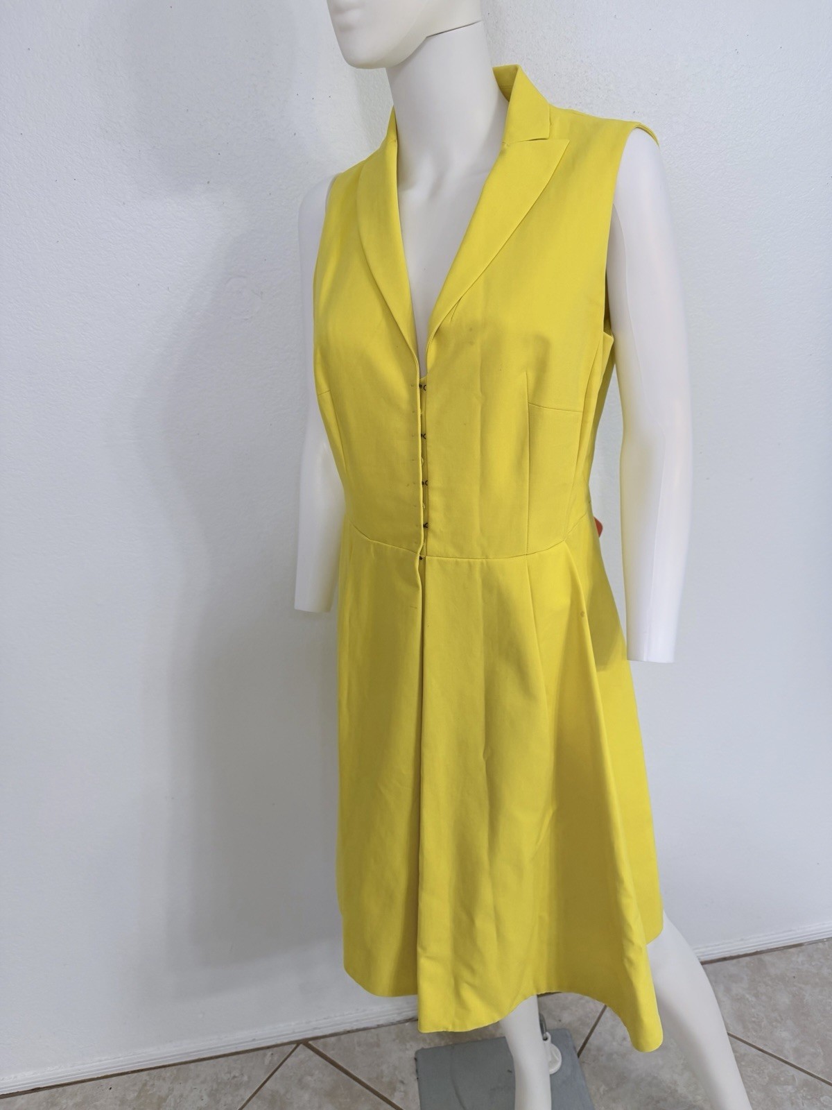 Akris Yellow Cotton Dress W Snap Front, W Box Pleats US12