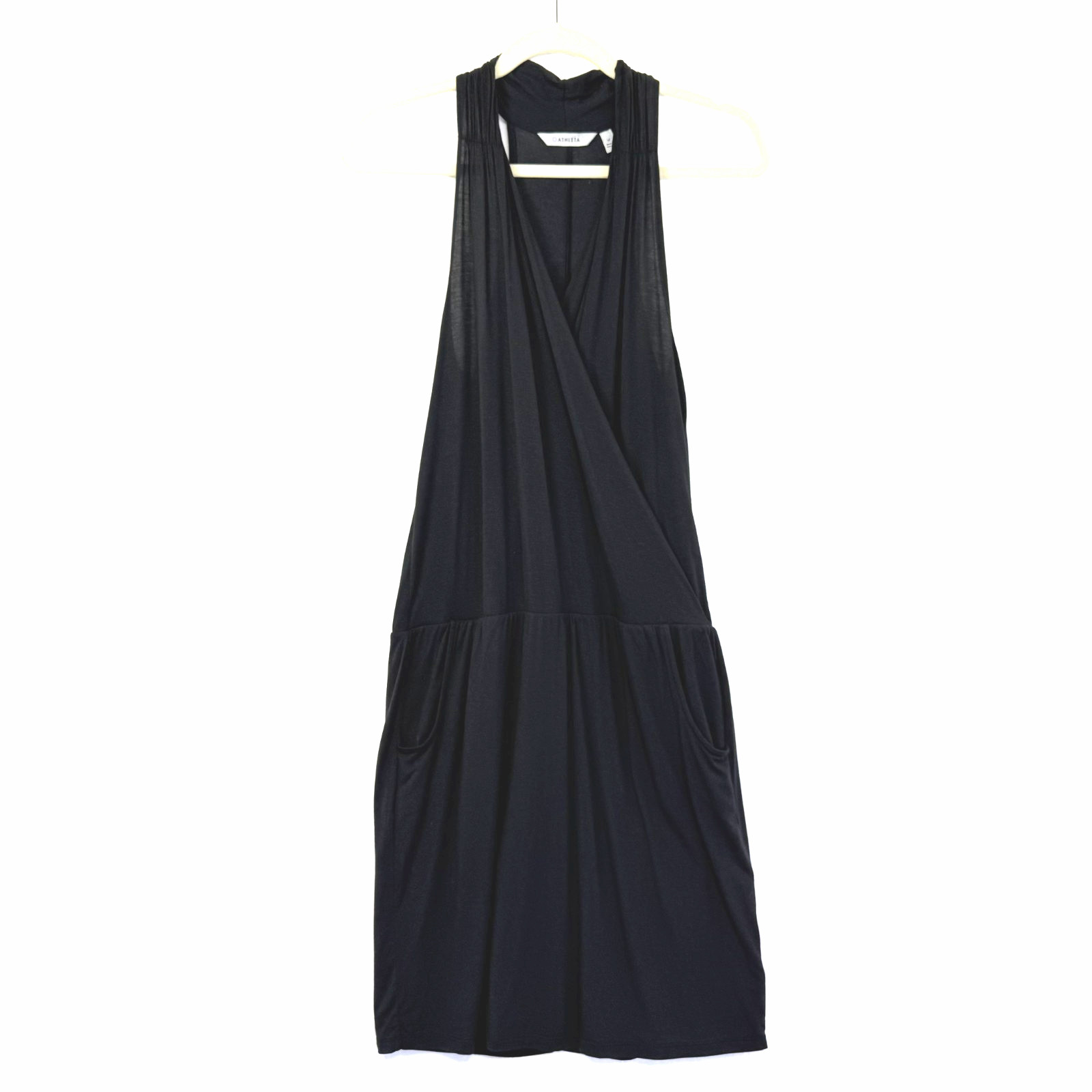 Athleta Crosstown Faux Wrap Dress Women Sz M Black Knit Lined Halter Pocket Midi