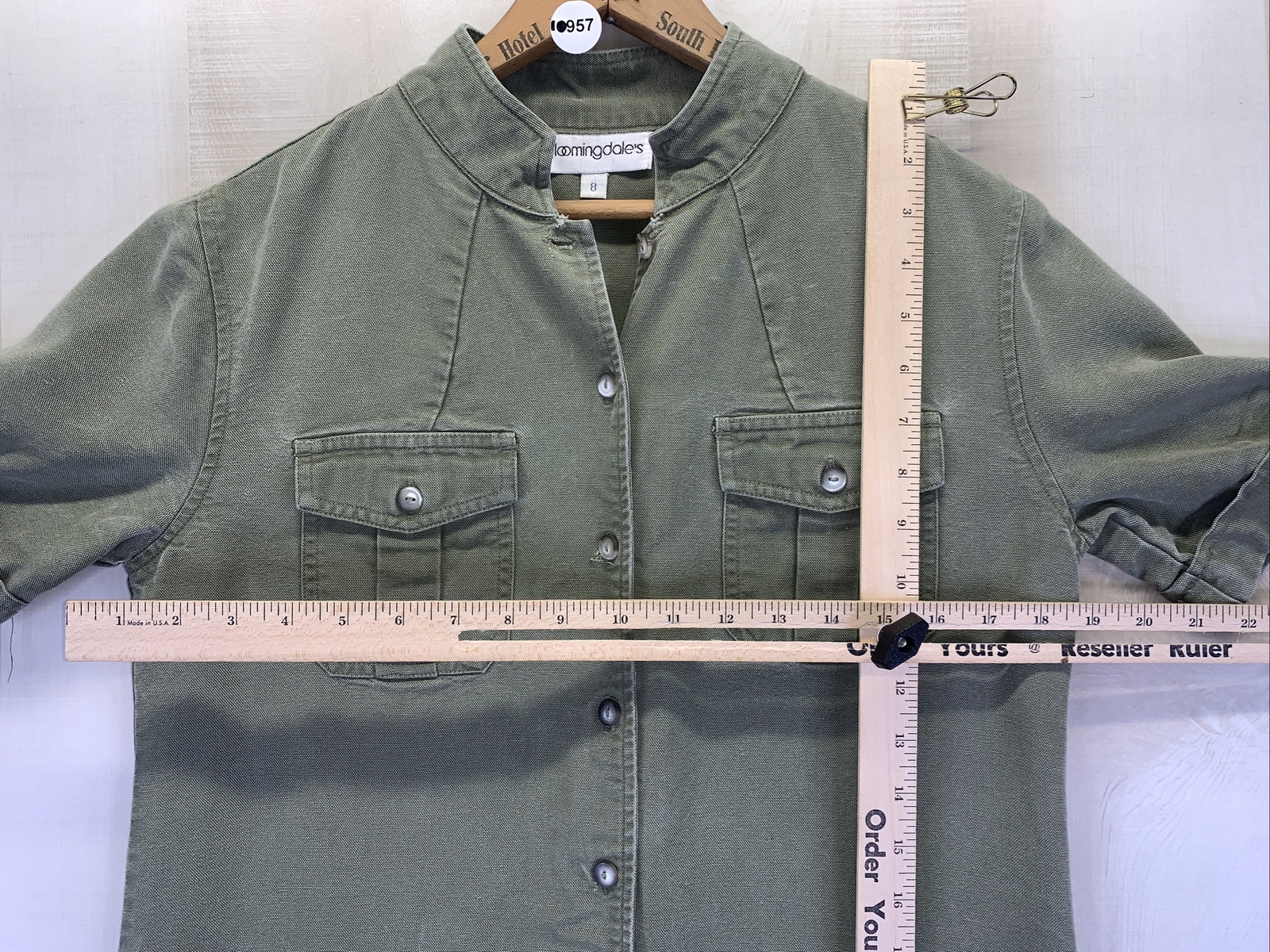 Vintage Bloomingdale’s Weathered Green Button Front Roll Sleeve Shirt Dress Sz 8