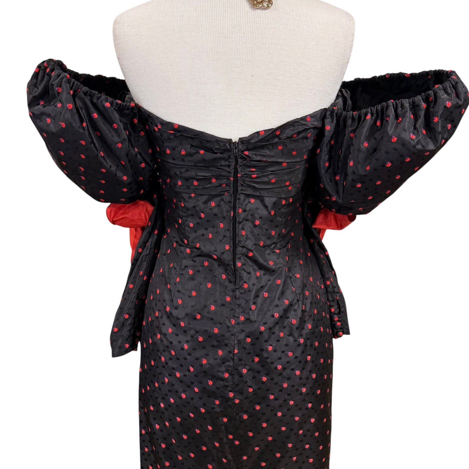 Vintage 80s Isabelle Allard Paris Puff Sleeve Silk Cocktail Dress Black Red Bow