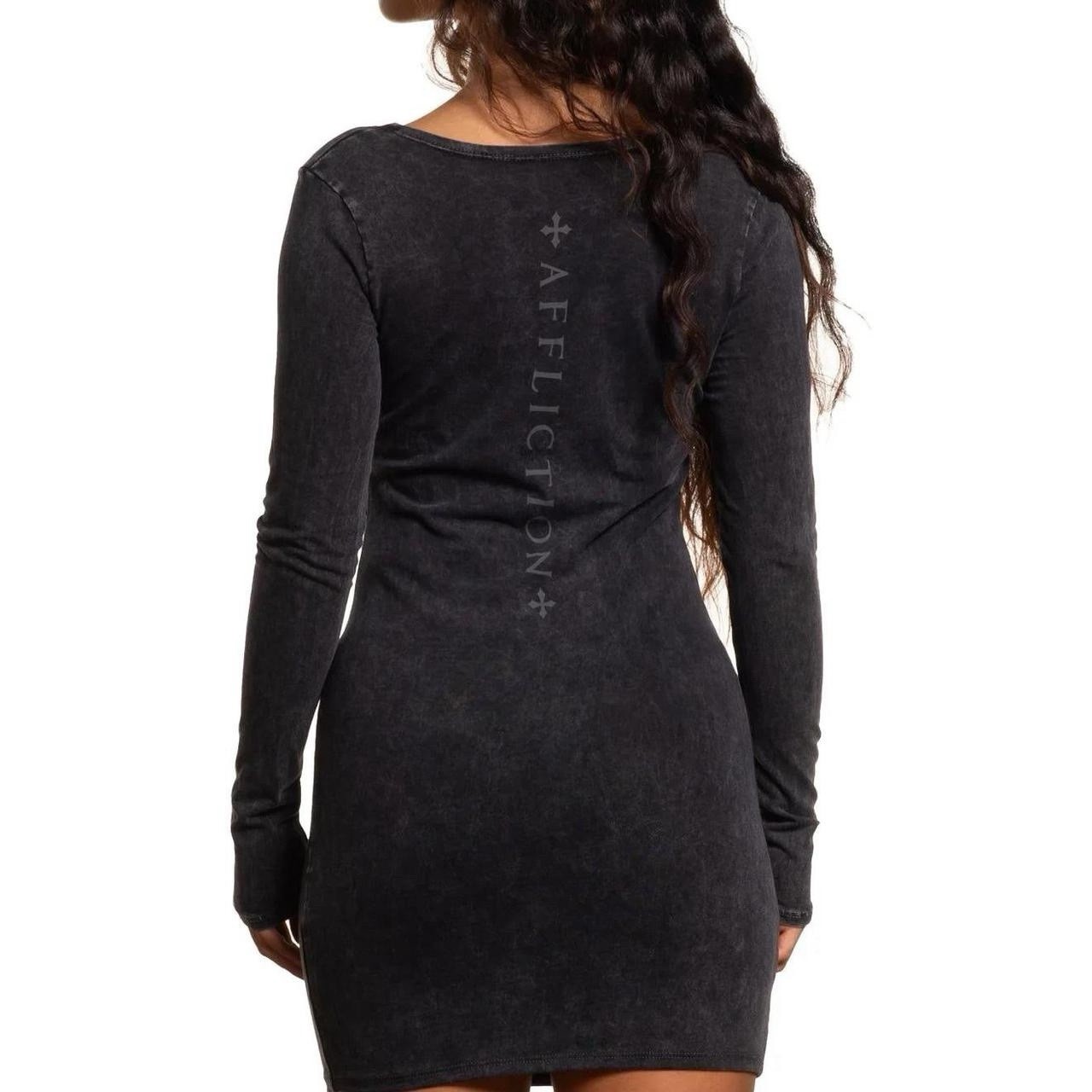 NWOT Affliction Clothing Scale LS Mineral Black Strappy V Front Mini Dress Sz XL