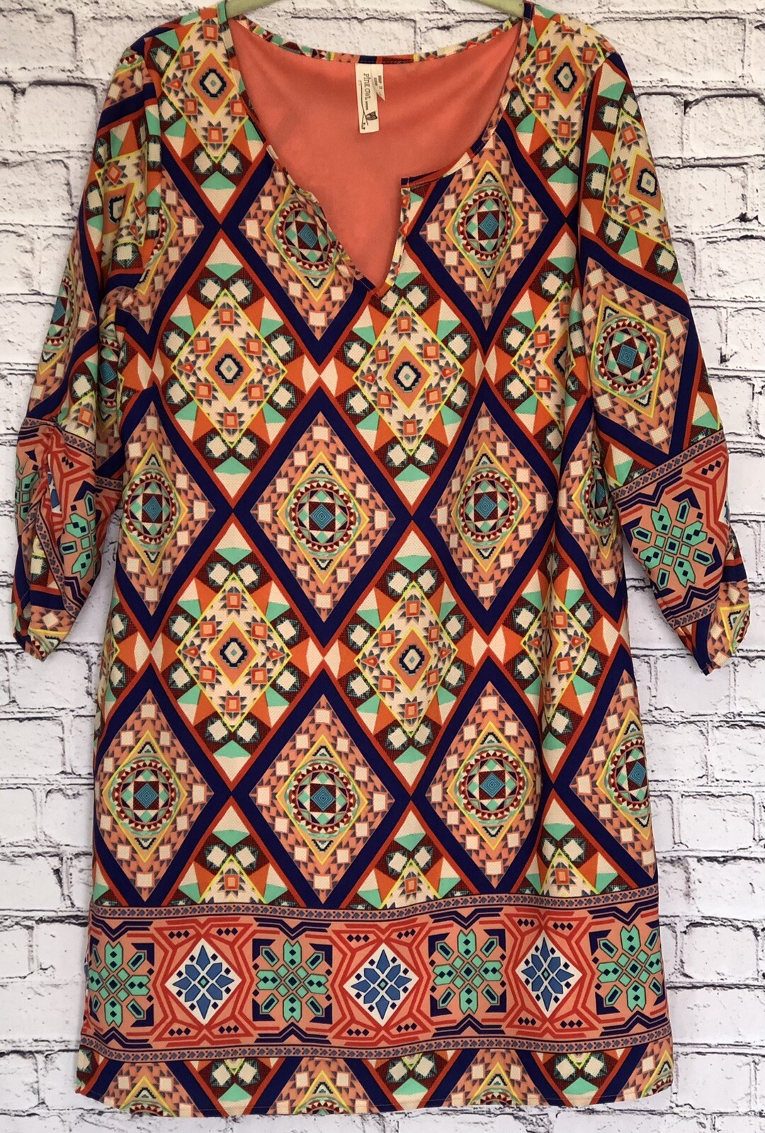 PINK OWL Women’s Dress Large Shift Knee Length Long Sleeve Multicolor Lined EUC