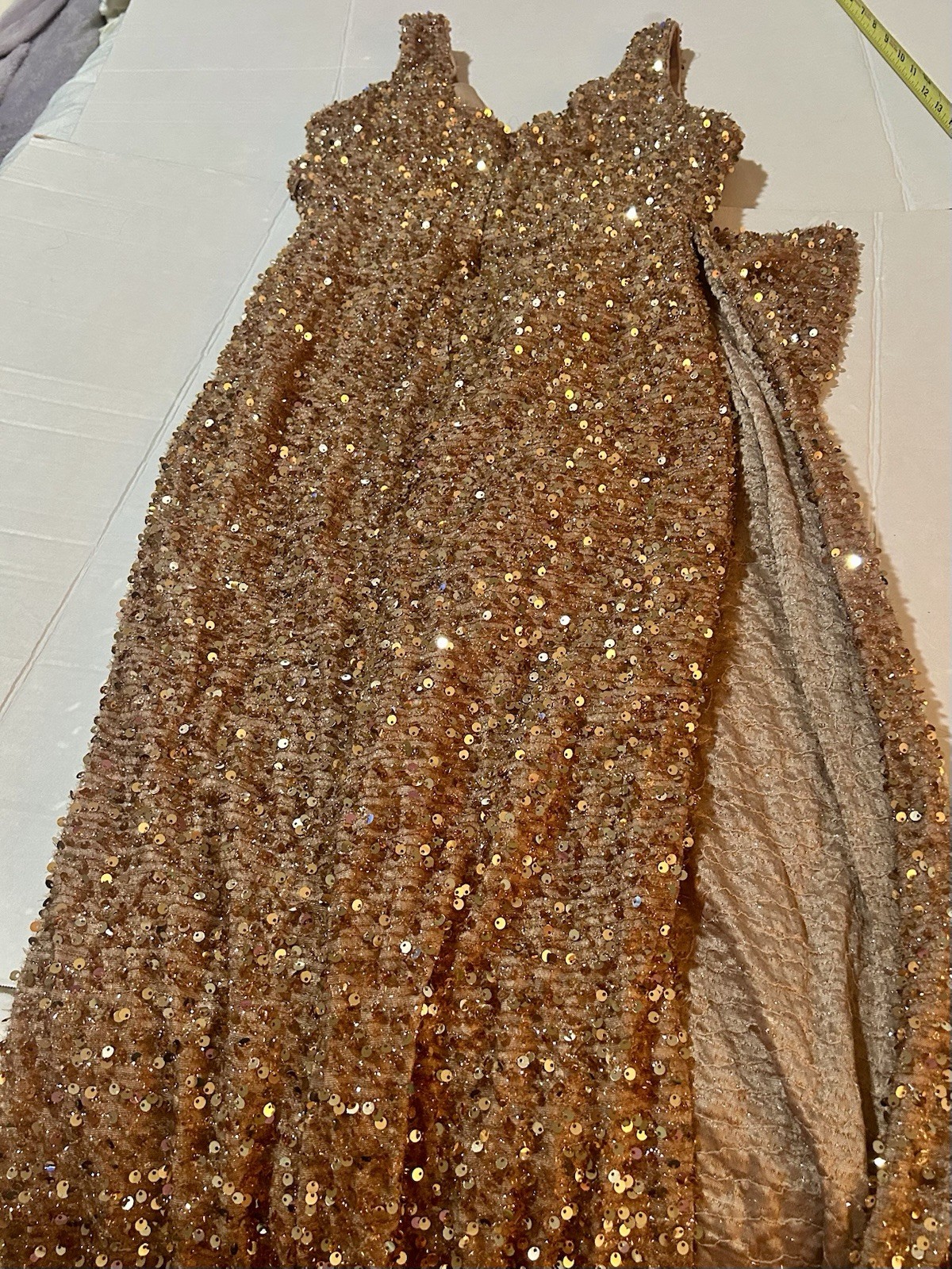 Draped Asymmetric Party Dress Prom Evening GOLD V Neck Ruched S Sequined Ruffle