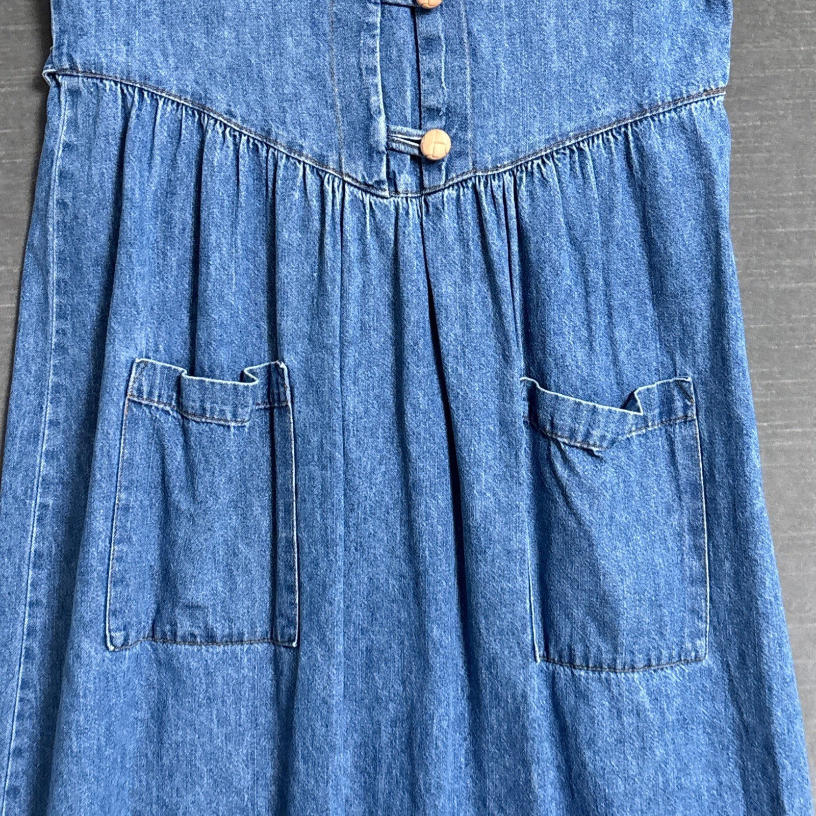 Vintage 90s Dress M Blue Denim Button Short Sleeve Midi Cottage Country Western