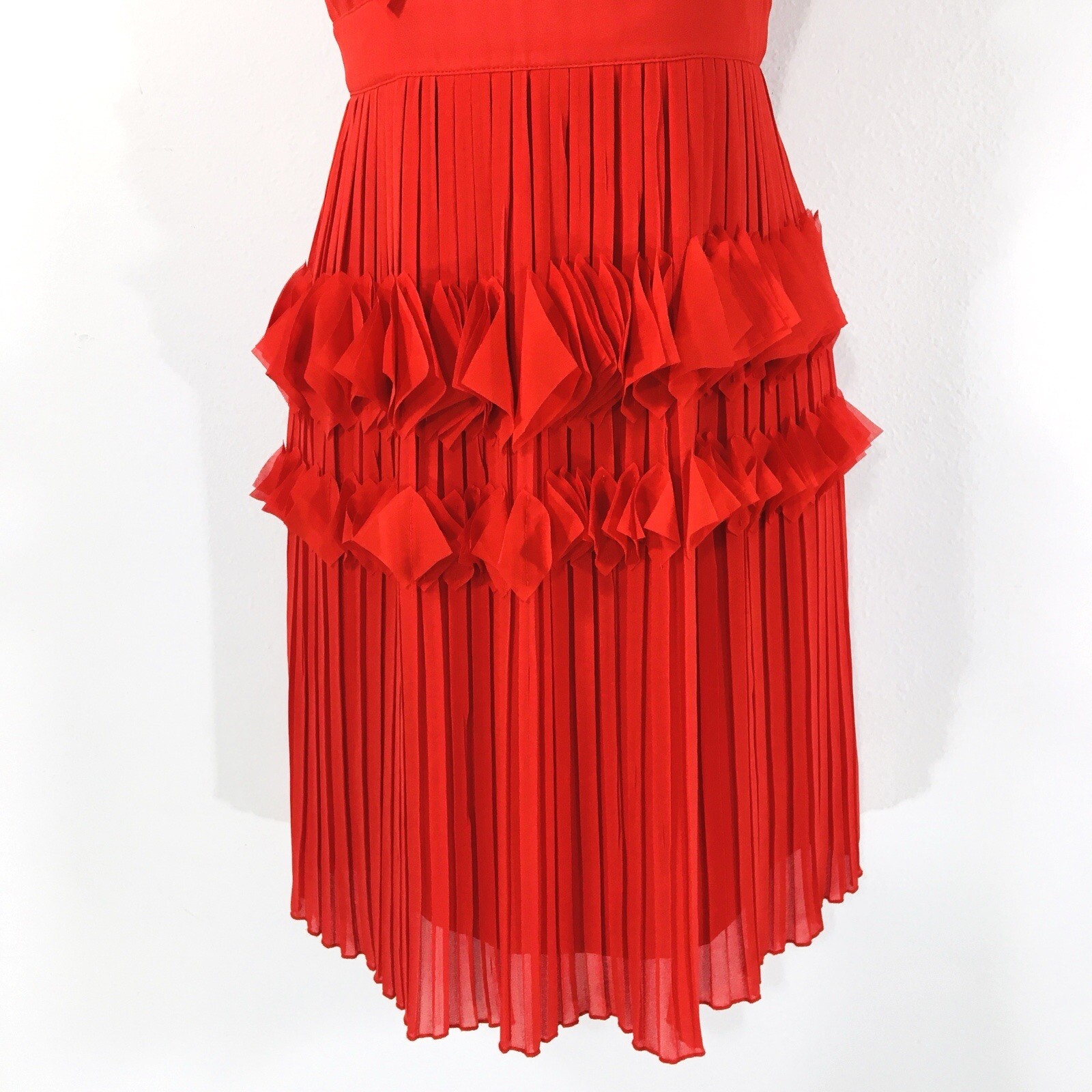 Foxiedox Red Pleated Ruffle Dress Sz S VNeck Zipper Lined Wedding Guest Party