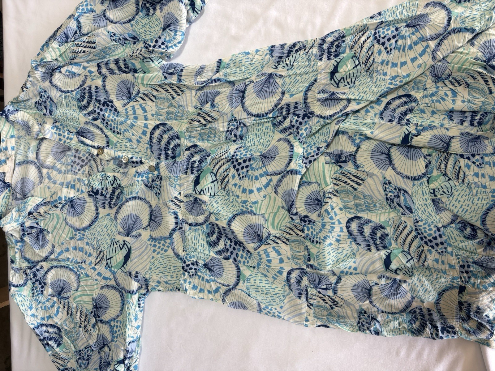 Hope Springs SeaShell Blue White Women Size S Midi Dress Rayon Coastal Beach A10