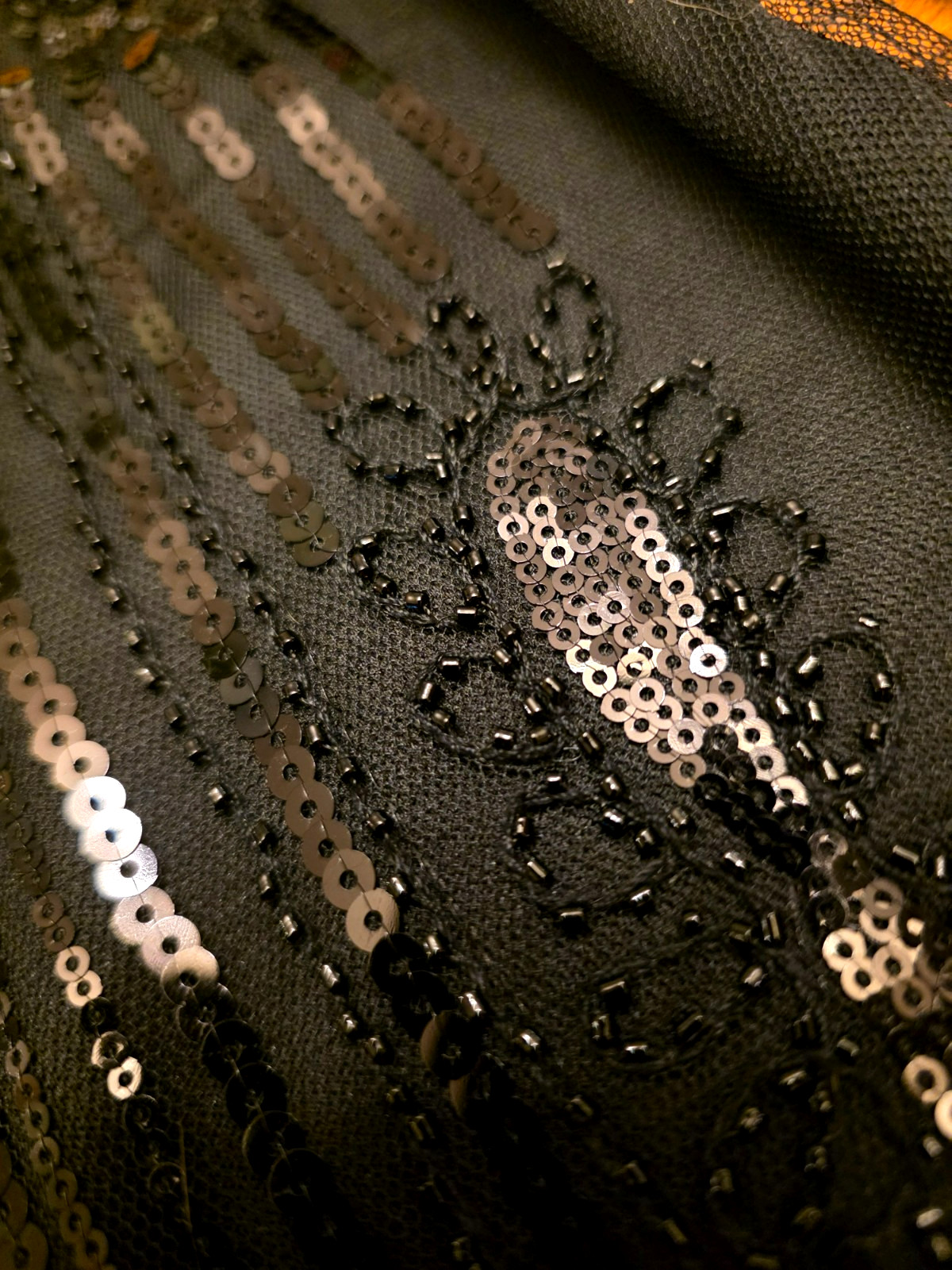 Unique Vintage L 10-12 Black Sequin Beaded Fringe Flapper Dress with Headband