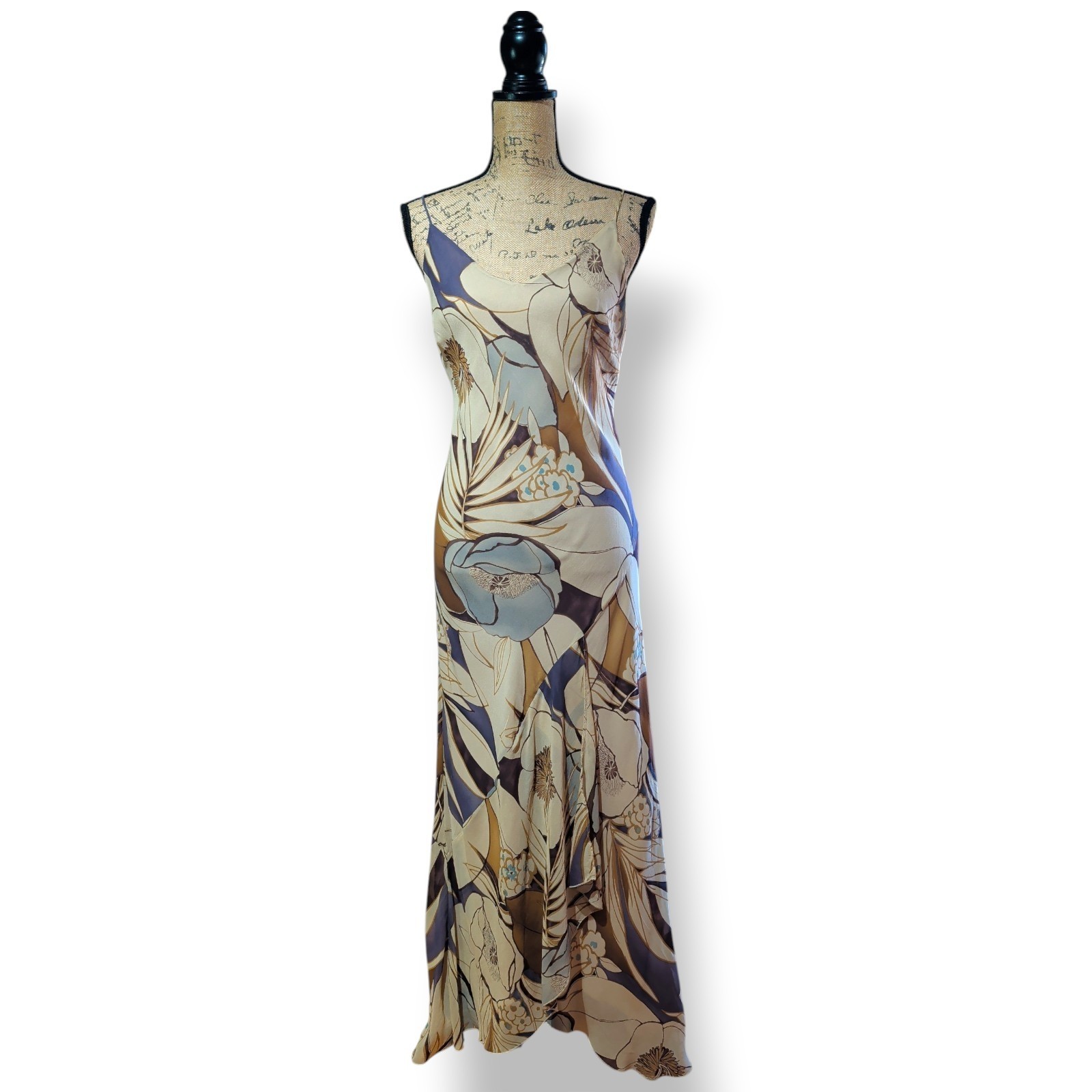 90s Y2K Monsoon 100% Silk Bias Cut Floral Long Slip Dress UK 14/16 (US 12)