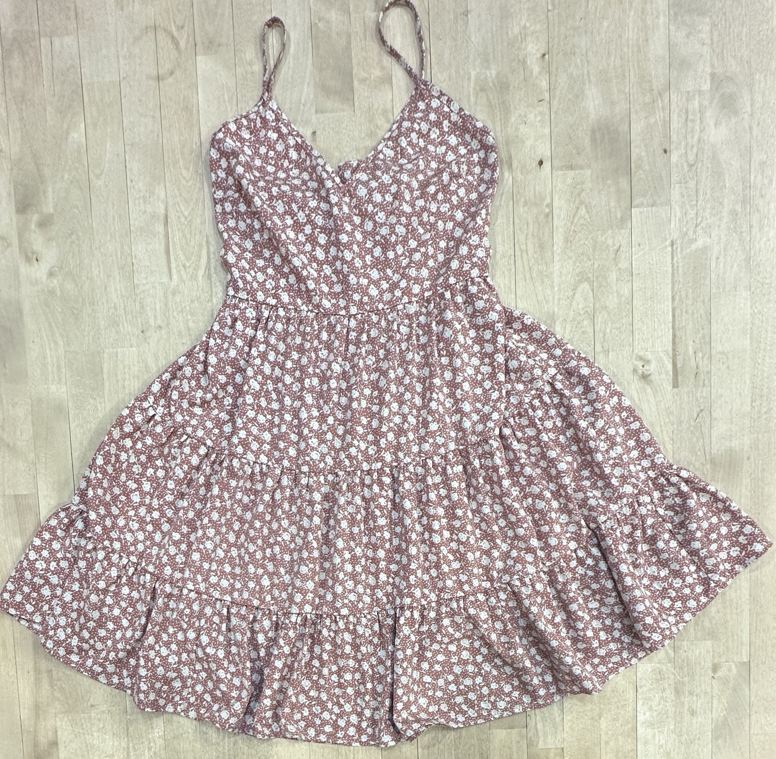 Beige Pink White Floral Tiny Flowers Back Tie Mini Peblum Sleeveless Dress L