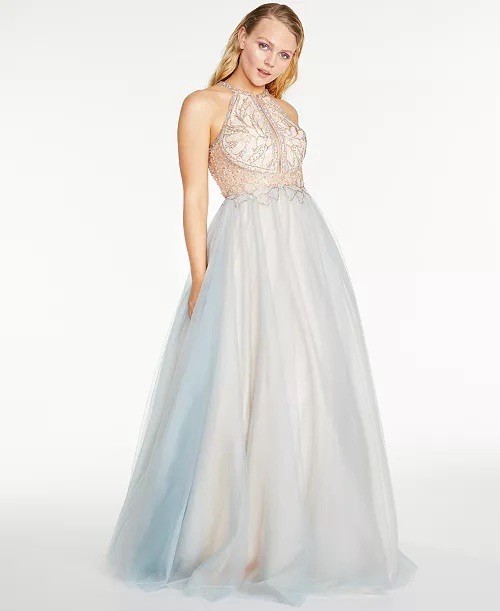 Glamour Terani Beaded Dream Ball Gown Dress 8 Halter Rhinestone Tulle Aqua Blue